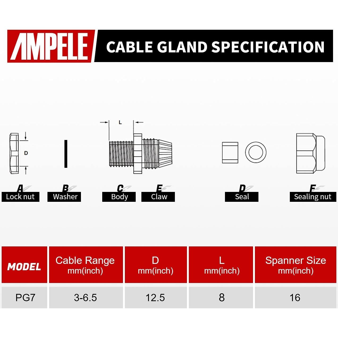 Juntas de Cable PG7 20 Pack AMPELE Impermeables Nylon 3-6.35mm
