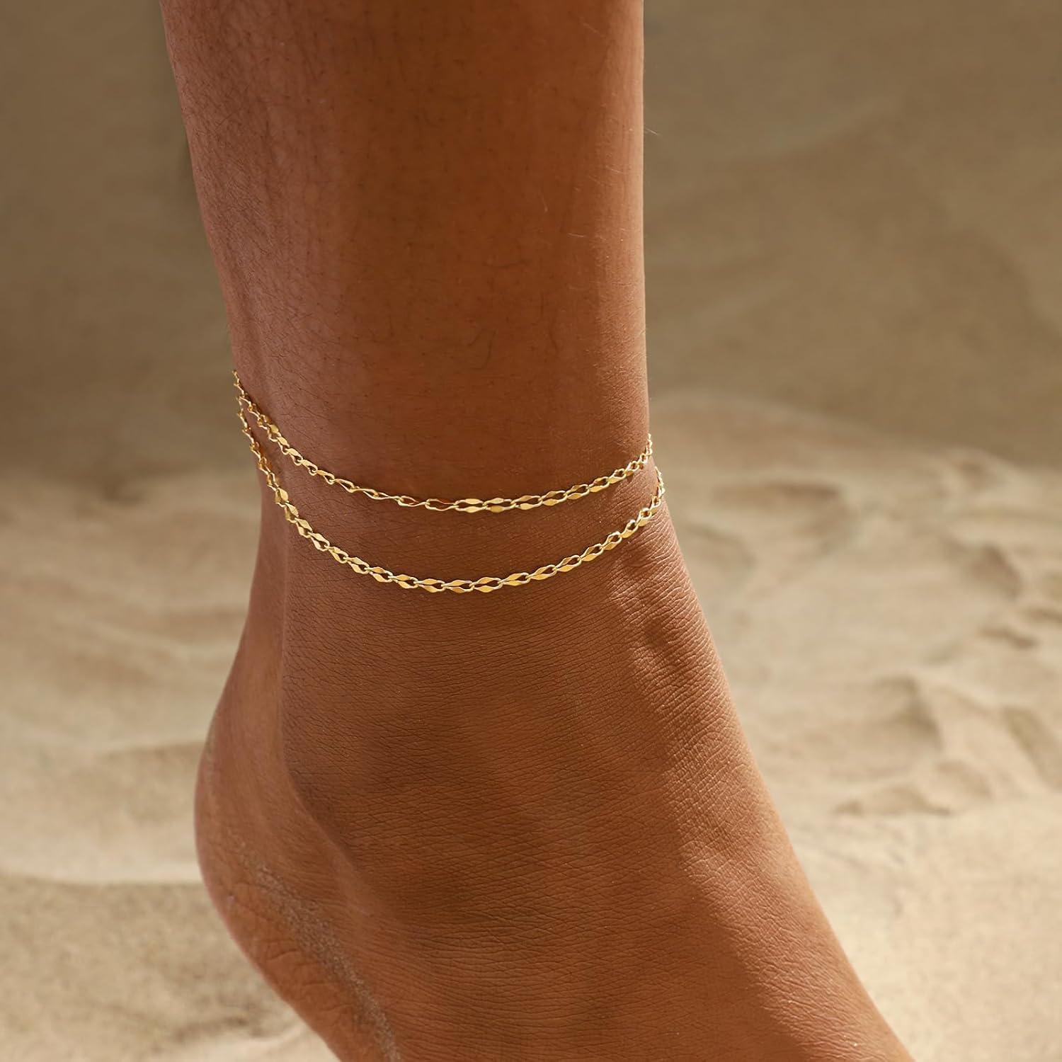 Ankle Bracelets for Women, 14K Gold Plated Waterproof Dainty Anklets for Women, Hypoallergenic Trendy Lightweight Jewelry Gifts