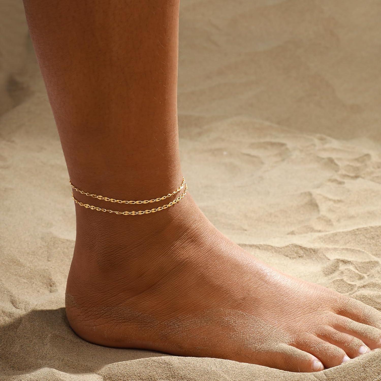 Ankle Bracelets for Women, 14K Gold Plated Waterproof Dainty Anklets for Women, Hypoallergenic Trendy Lightweight Jewelry Gifts