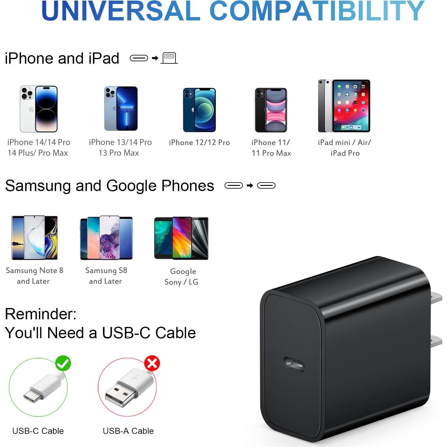 Cargador Rápido USB-C 20W para iPhone y iPad - 2 Cables 6FT