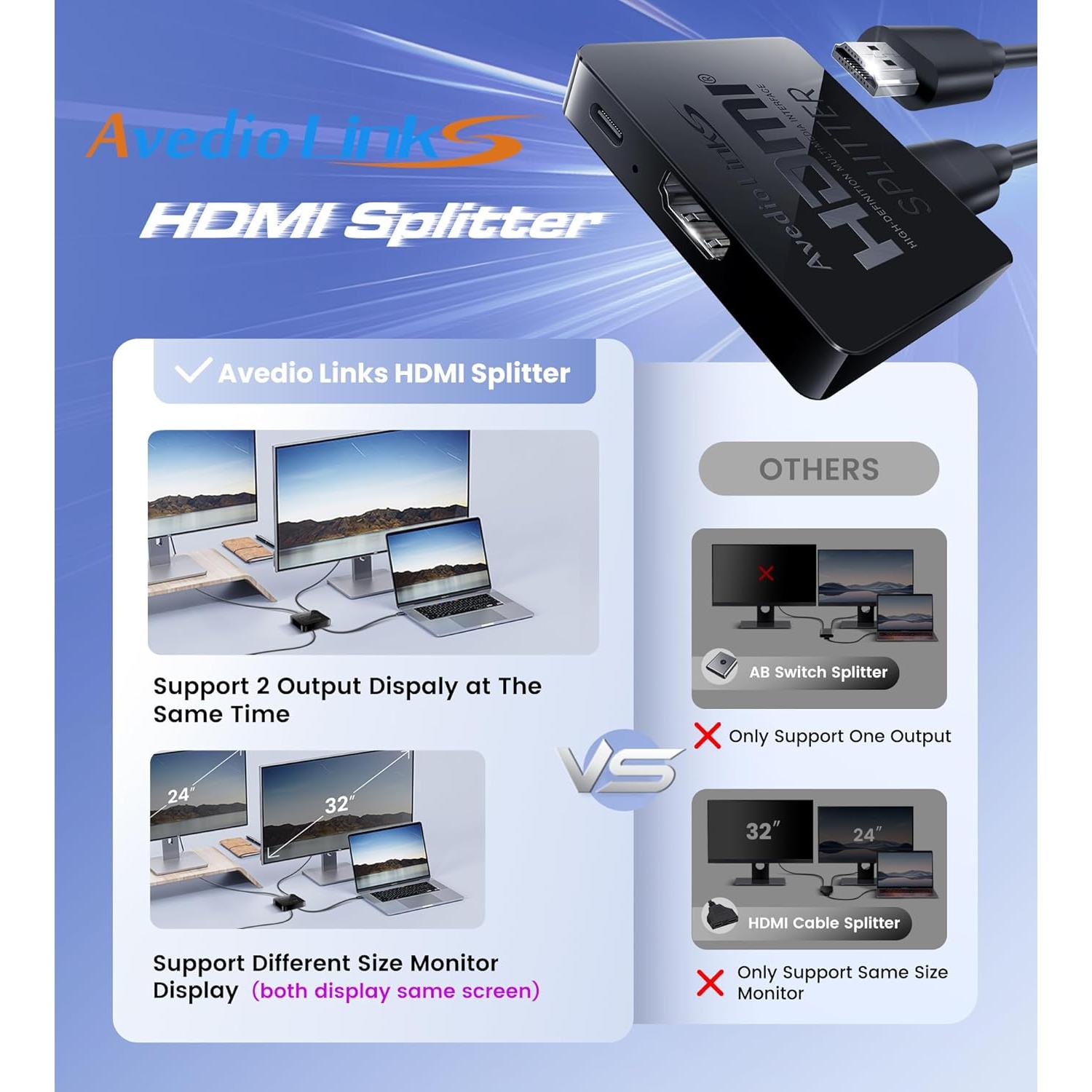 Splitter HDMI 1x2 Avedio Links 4K@30Hz con Cable 1.22m