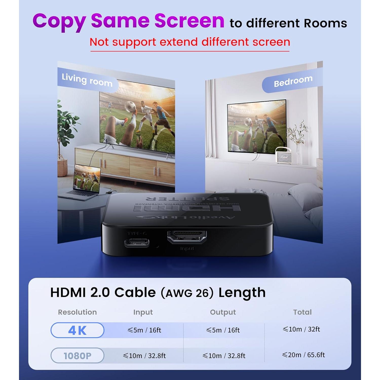 Splitter HDMI 1x2 Avedio Links 4K@30Hz con Cable 1.22m