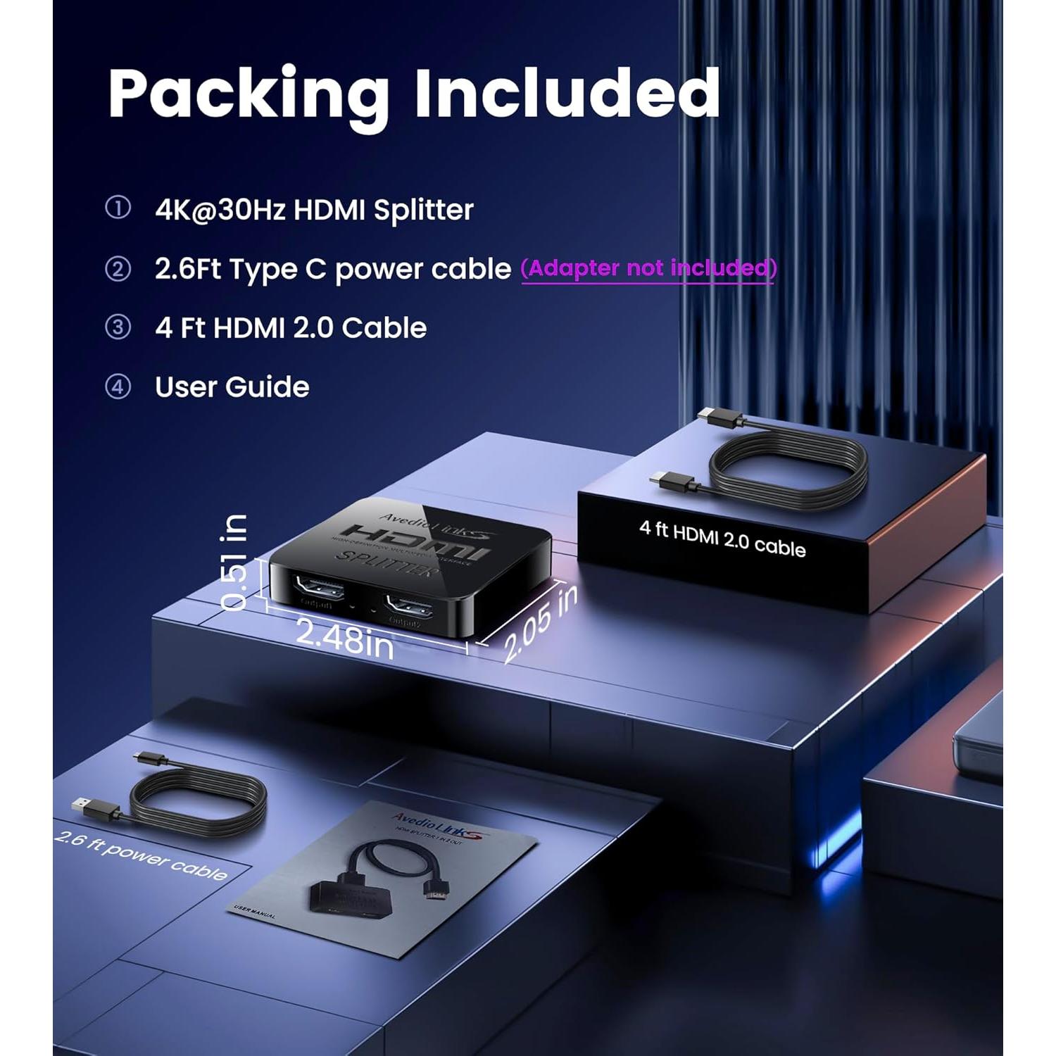 Splitter HDMI 1x2 Avedio Links 4K@30Hz con Cable 1.22m