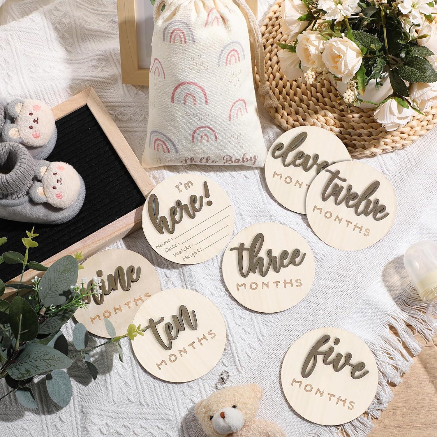 Carteles de Hitos Mensuales 3D de Madera para Bebés - 7 Discos