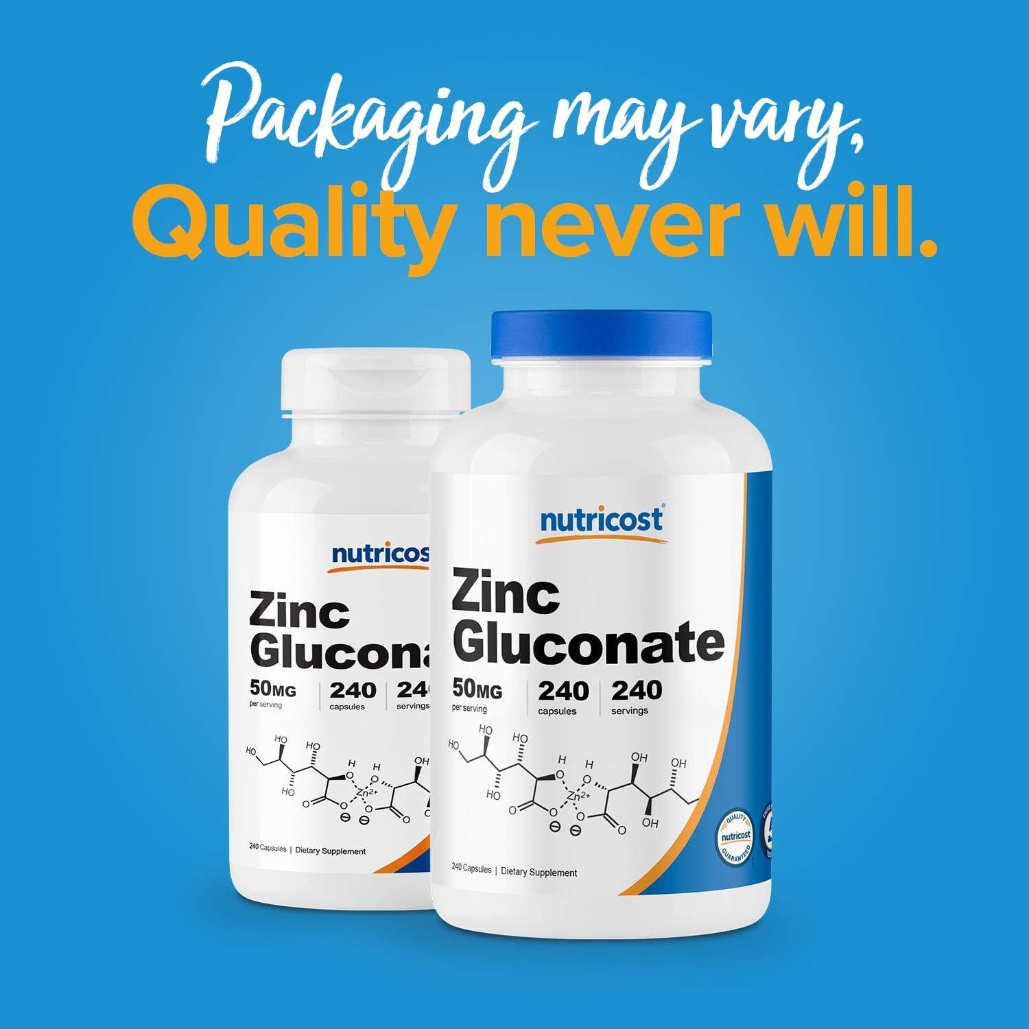 Gluconato de Zinc Nutricost 50mg 240 Cápsulas Vegetales
