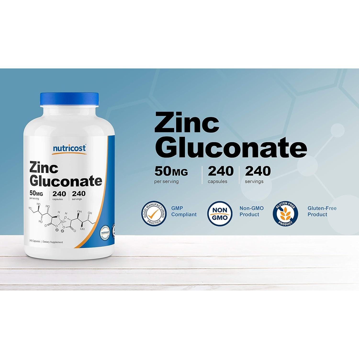 Gluconato de Zinc Nutricost 50mg 240 Cápsulas Vegetales