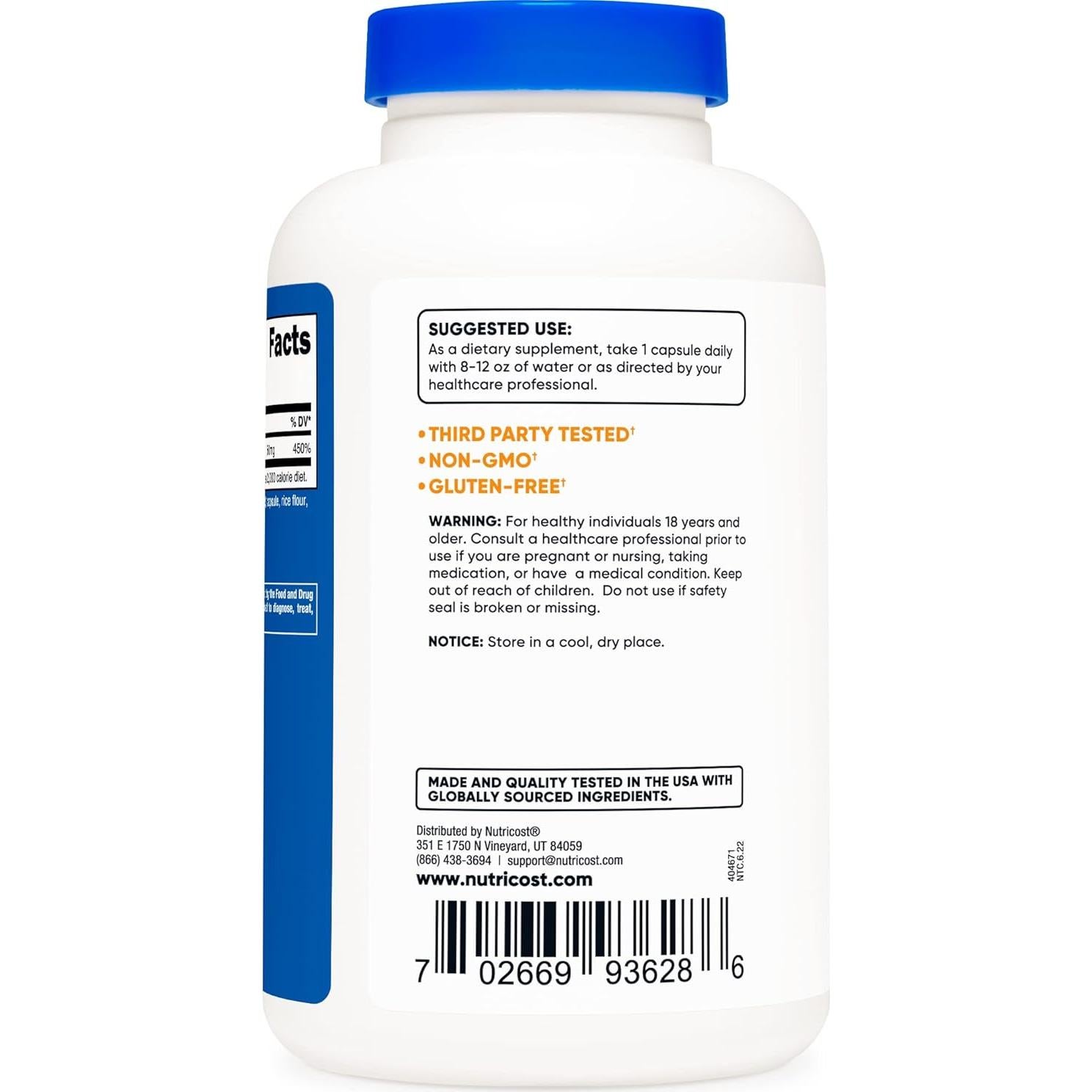 Gluconato de Zinc Nutricost 50mg 240 Cápsulas Vegetales