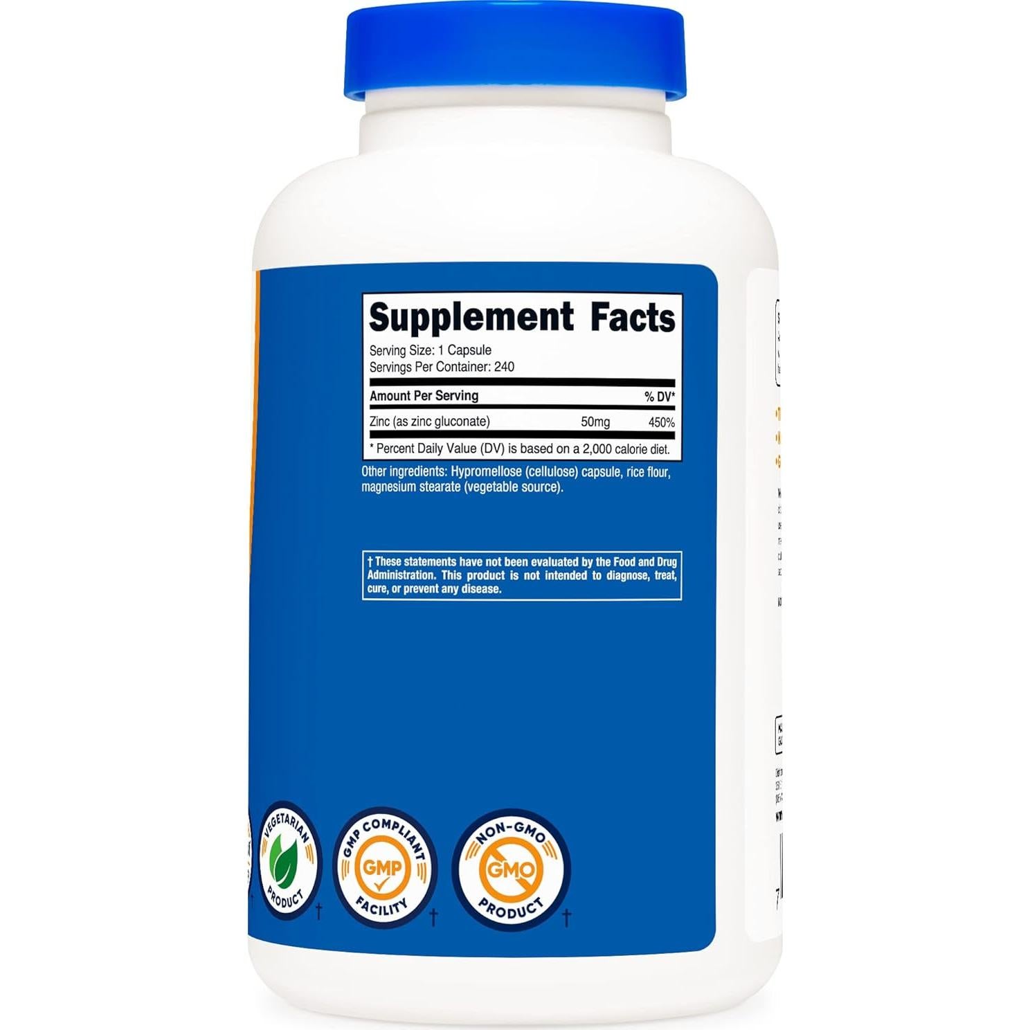 Gluconato de Zinc Nutricost 50mg 240 Cápsulas Vegetales