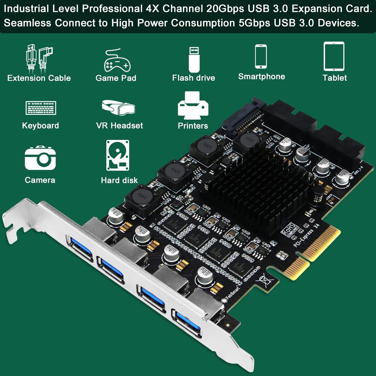 PCIE X4 to 4X Channels 8-Ports Superspeed 5Gbps USB 3.0 Expansion Card, 4X Dedicated USB 3.0 5Gbps Channels 20Gbps Total Bandwidth, Built in FebSmart Self-Powered Technology (FS-4C-U8-Pro)