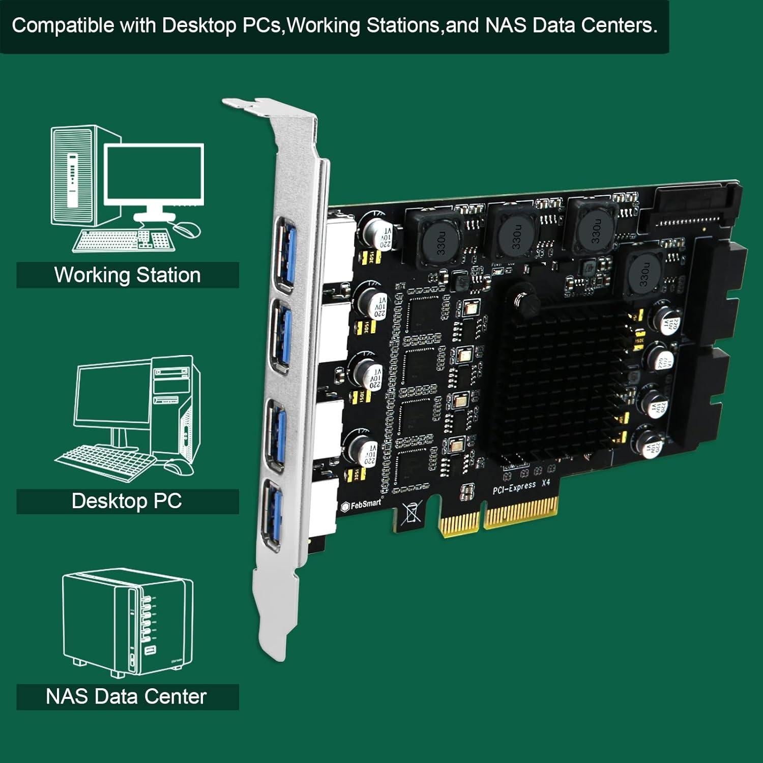 PCIE X4 to 4X Channels 8-Ports Superspeed 5Gbps USB 3.0 Expansion Card, 4X Dedicated USB 3.0 5Gbps Channels 20Gbps Total Bandwidth, Built in FebSmart Self-Powered Technology (FS-4C-U8-Pro)