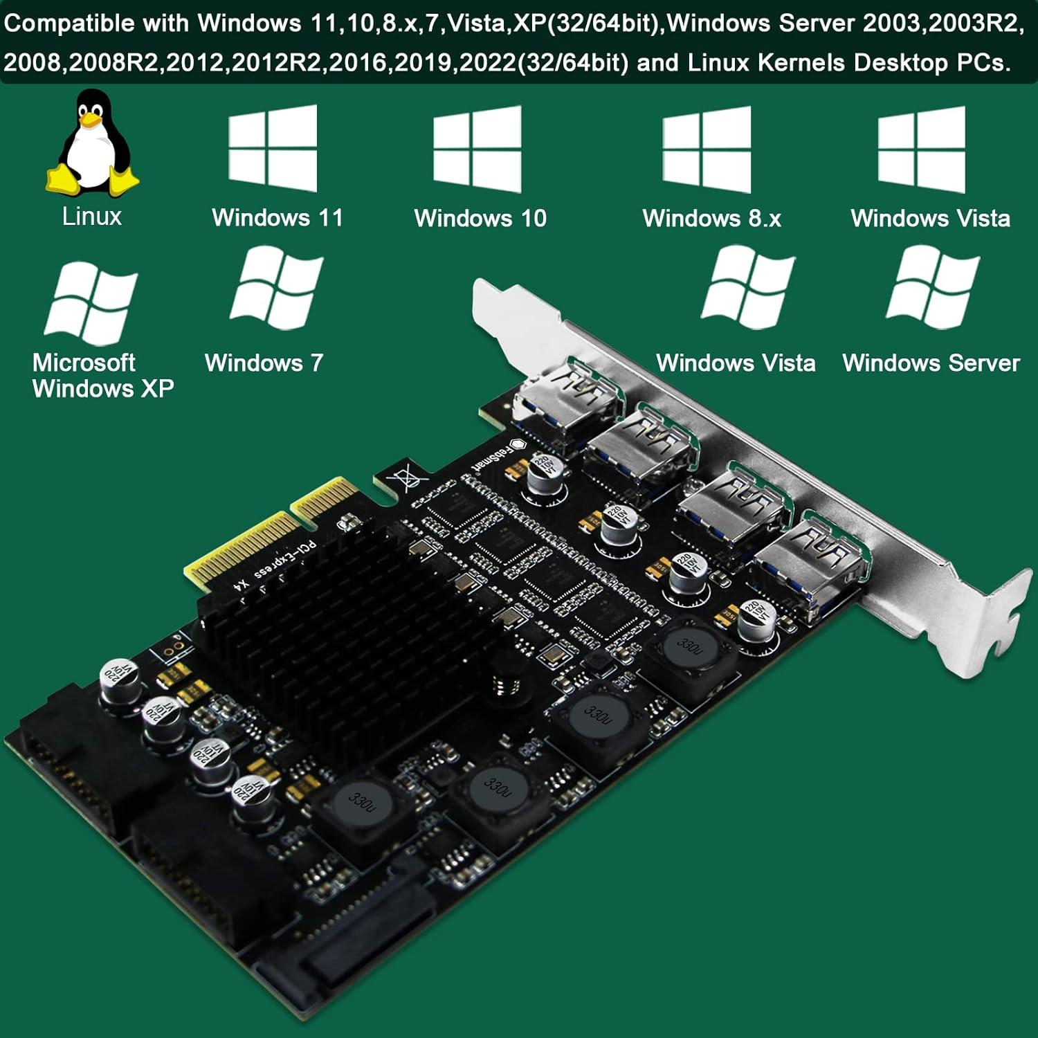 PCIE X4 to 4X Channels 8-Ports Superspeed 5Gbps USB 3.0 Expansion Card, 4X Dedicated USB 3.0 5Gbps Channels 20Gbps Total Bandwidth, Built in FebSmart Self-Powered Technology (FS-4C-U8-Pro)