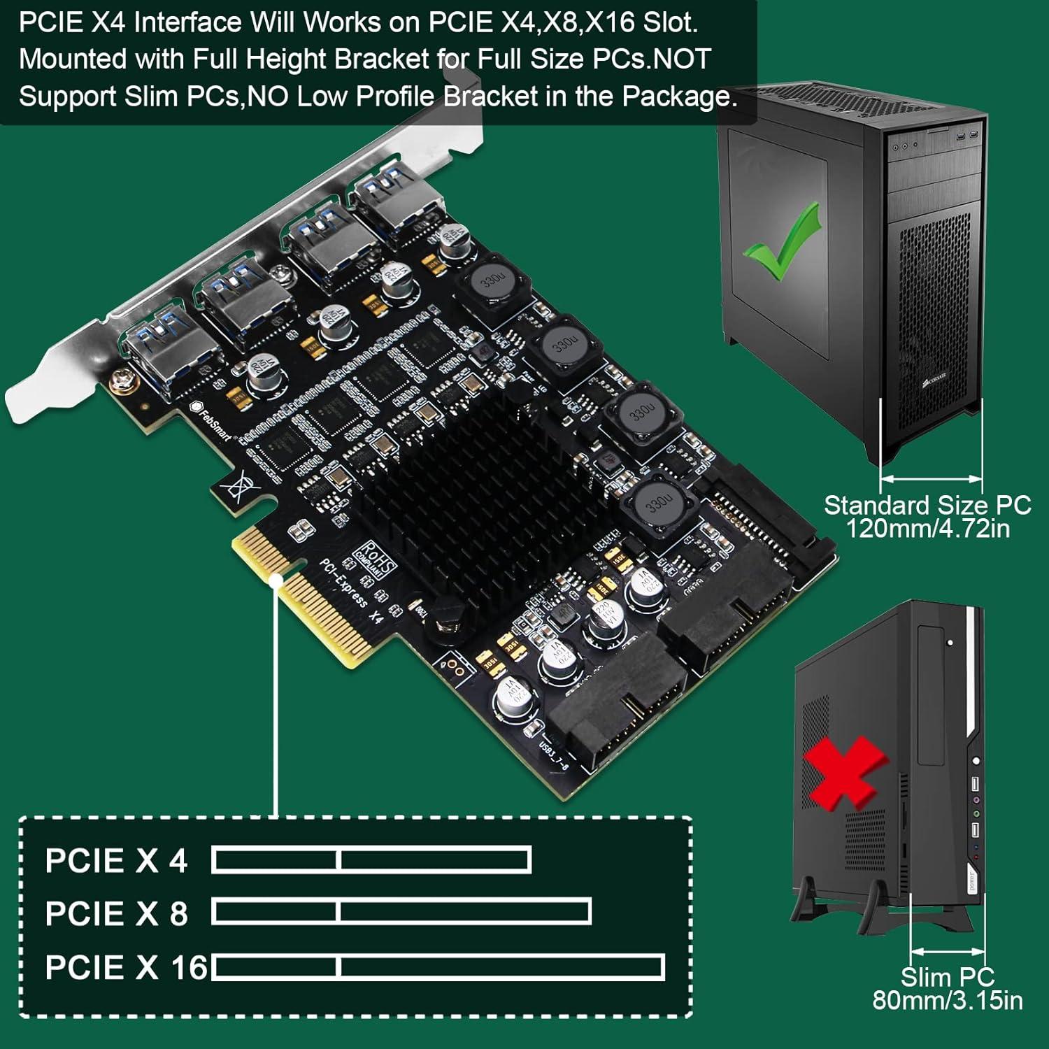 PCIE X4 to 4X Channels 8-Ports Superspeed 5Gbps USB 3.0 Expansion Card, 4X Dedicated USB 3.0 5Gbps Channels 20Gbps Total Bandwidth, Built in FebSmart Self-Powered Technology (FS-4C-U8-Pro)