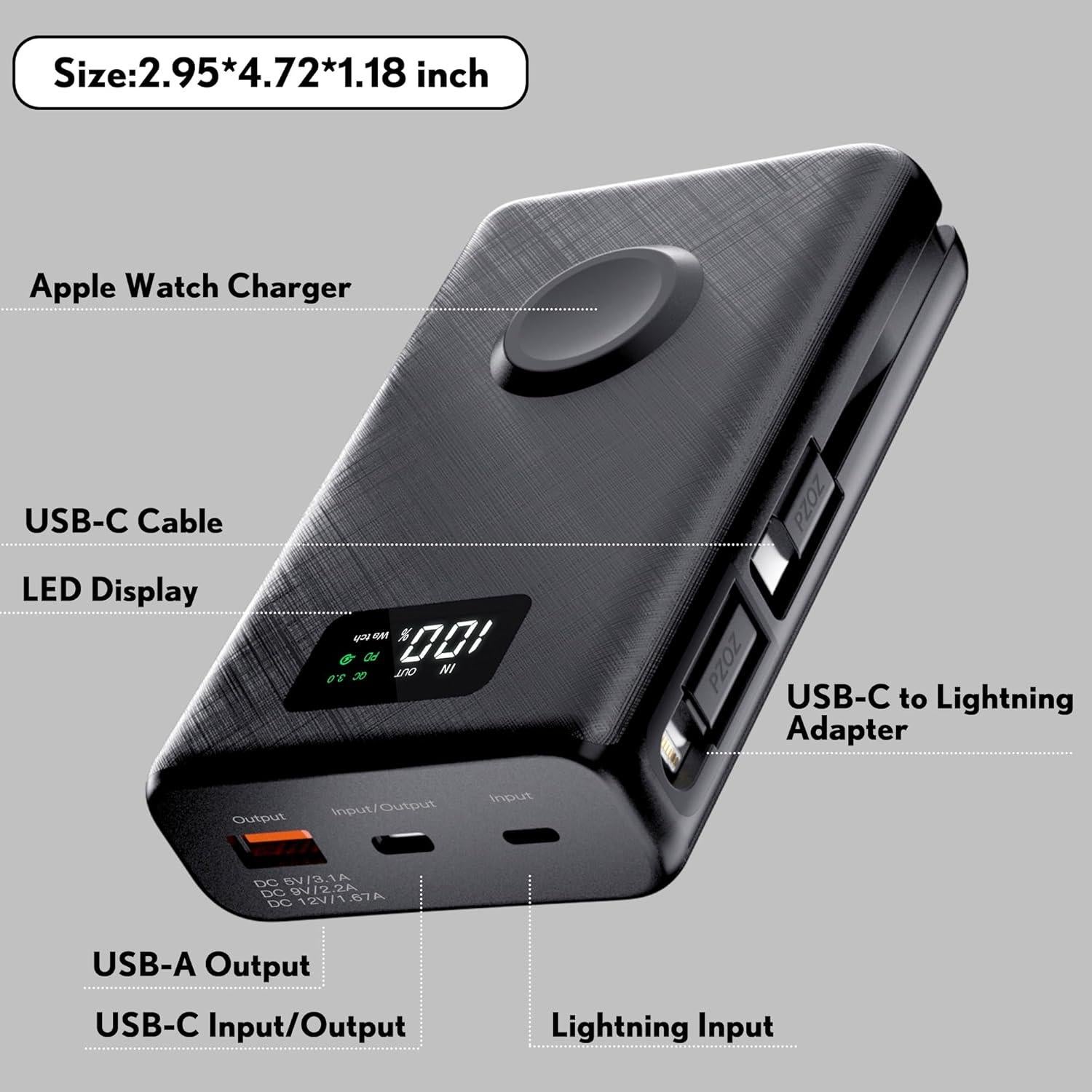 Banco de Energía PZOZ 20000mAh Cargador Inalámbrico Negro