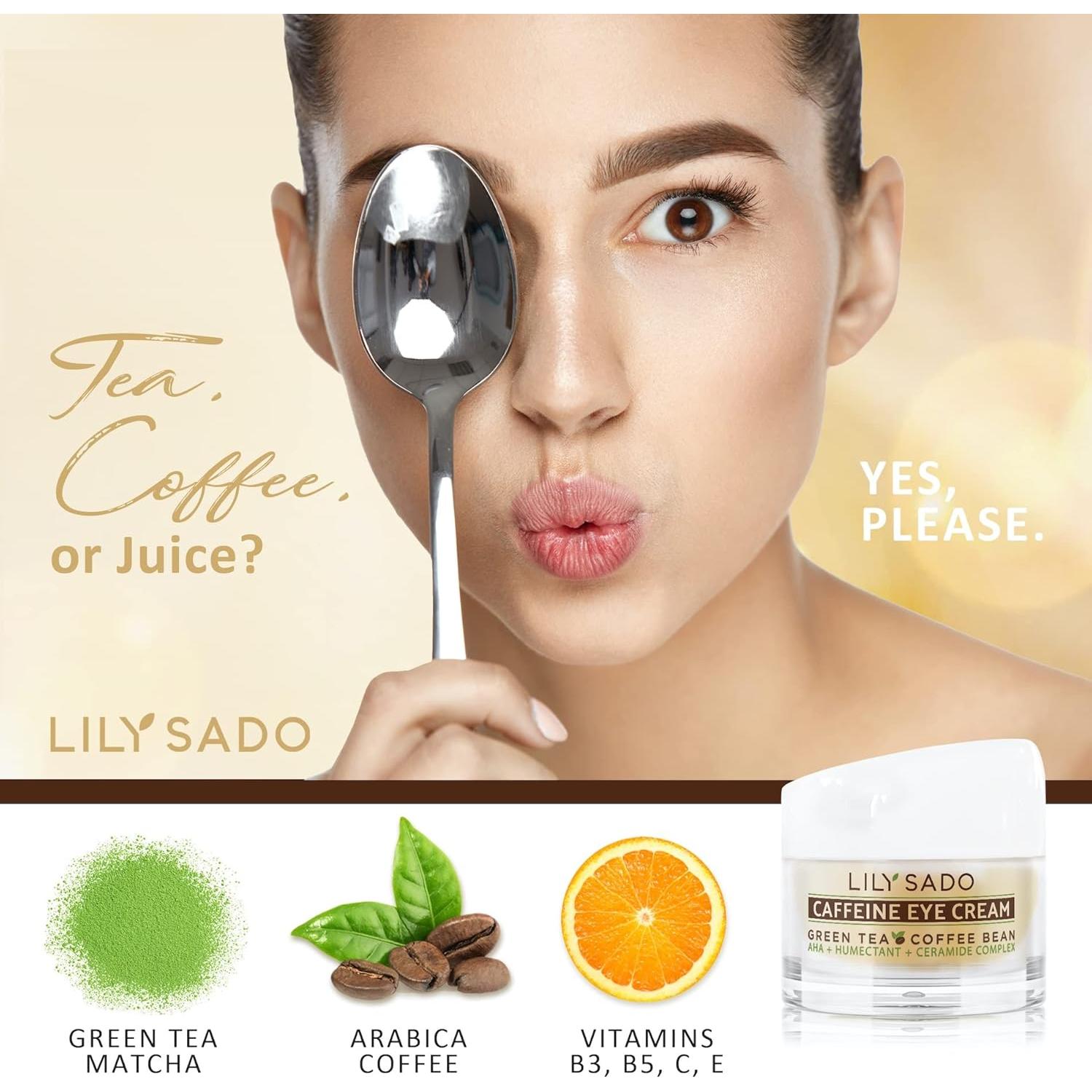 LILY SADO TEA+C™ Coffee & Matcha Caffeine EYE CREAM - Anti-aging Vegan Natural Eye Repair Moisturizer Lotion w Arabica Coffee Beans + Green Tea - Prevents Undereye Wrinkles, Puffiness, Dark Circles