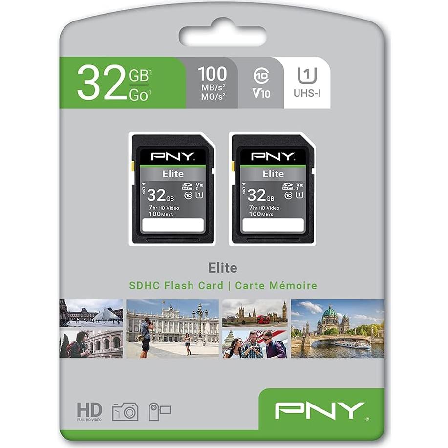 Tarjeta de Memoria PNY 32GB SDHC Clase 10 U1 V10 - Paquete de 2