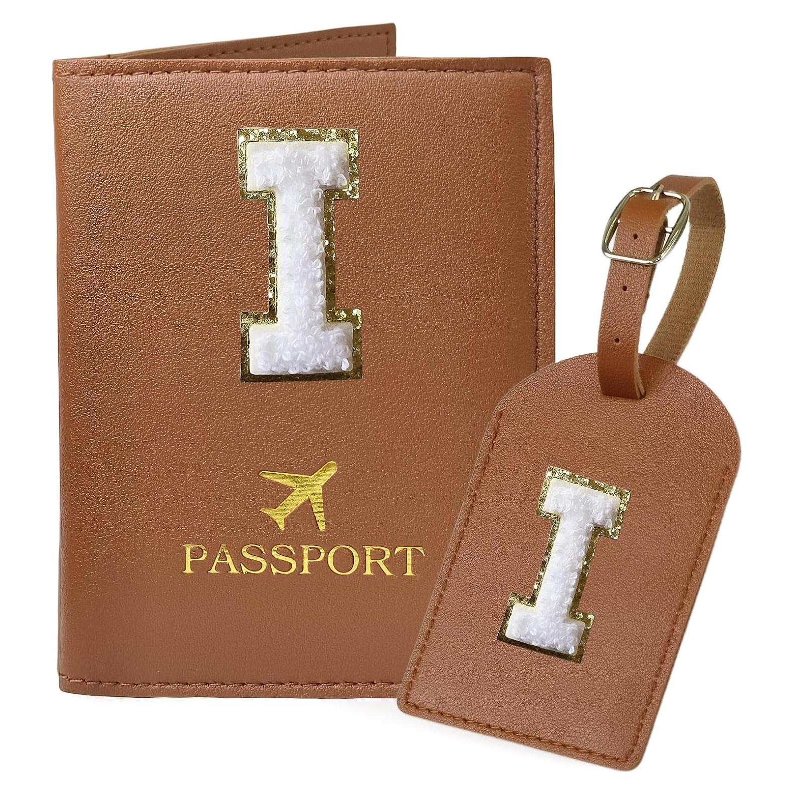 Funda de Pasaporte y Etiqueta de Equipaje COSHAYSOO Marrón Inicial I