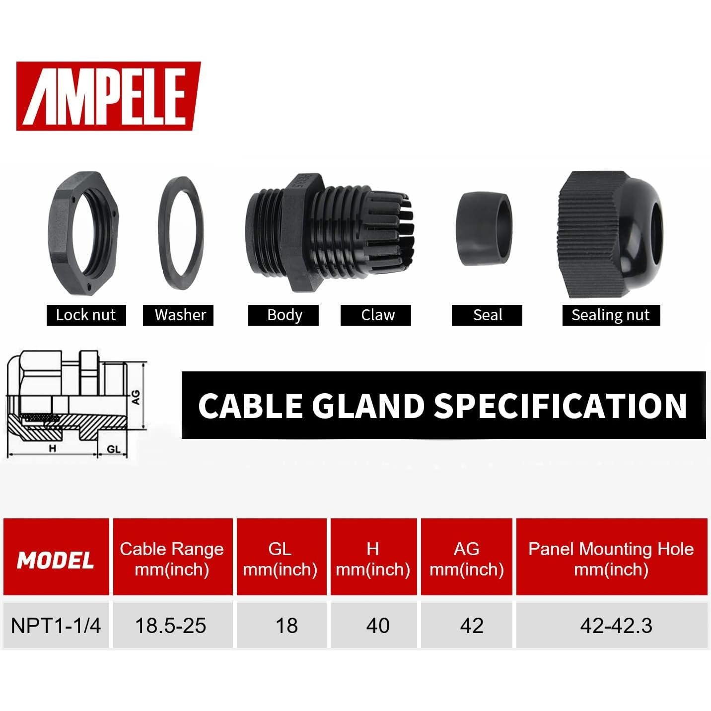 Glandulas de Cable Impermeables AMPELE 1-1/4'' Ajustables 2 Paquete