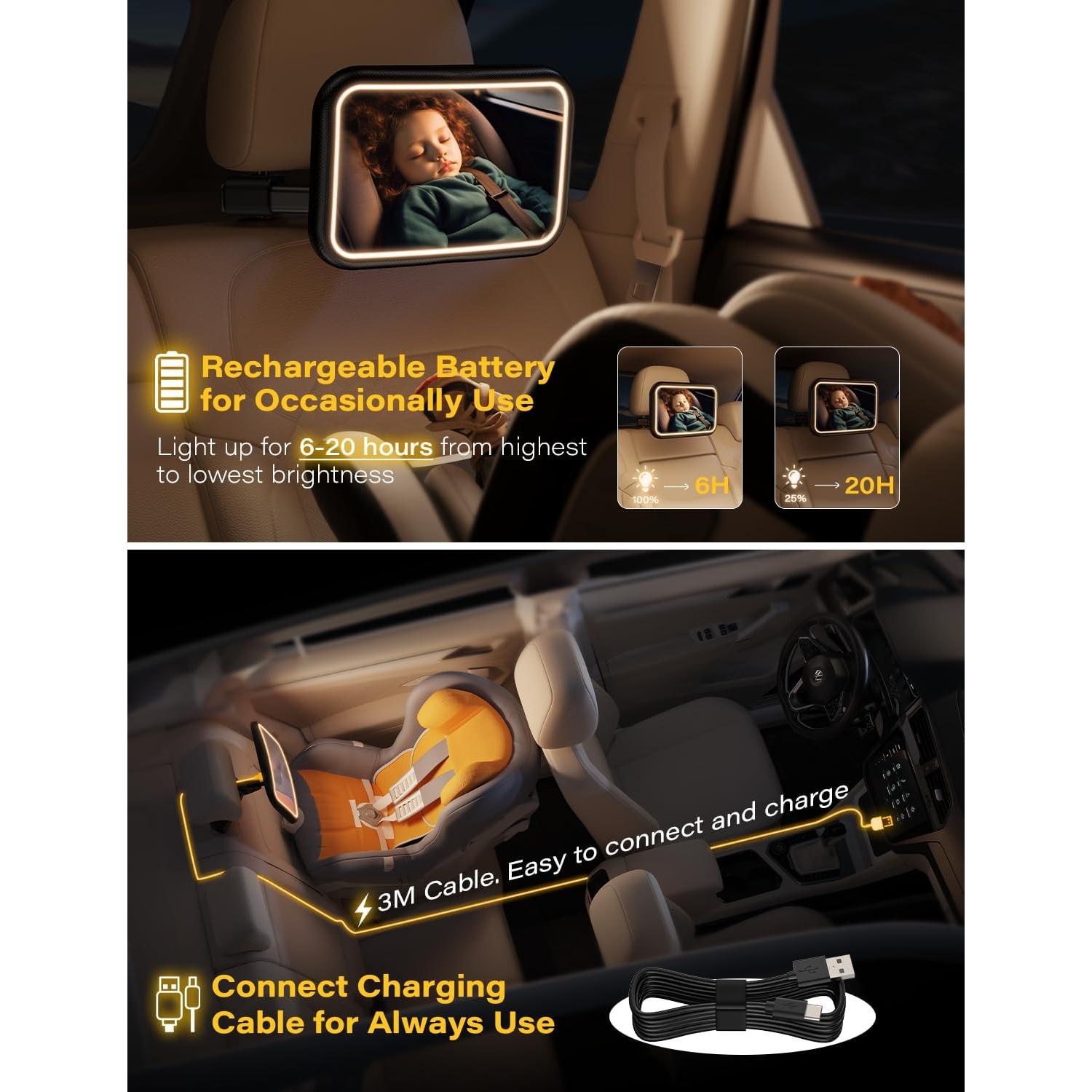 Espejo de Coche para Bebé TAZENI con Luz 2000mAh y Control Remoto