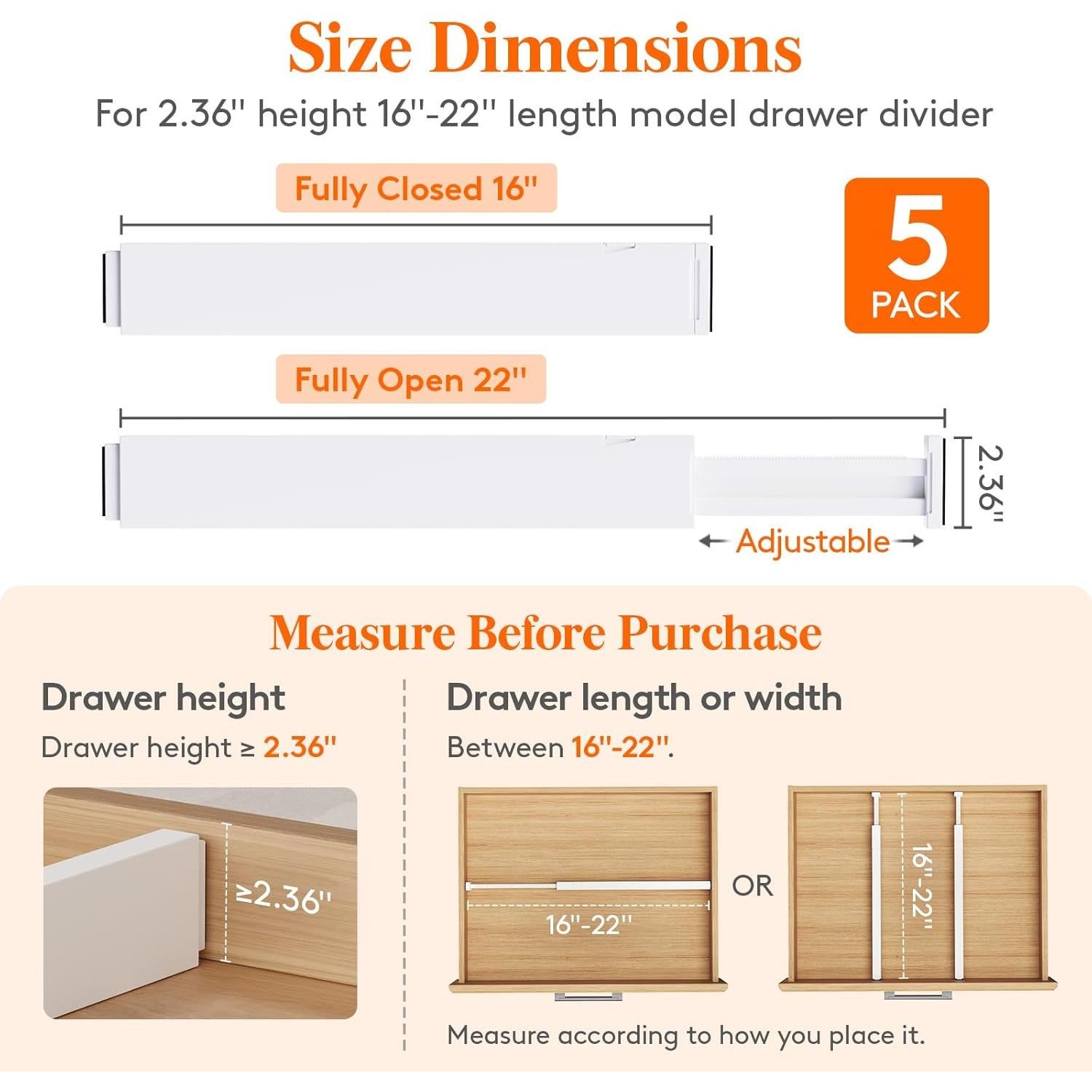Divisores de Cajón Ajustables Lifewit 5 Piezas 6cm Alto