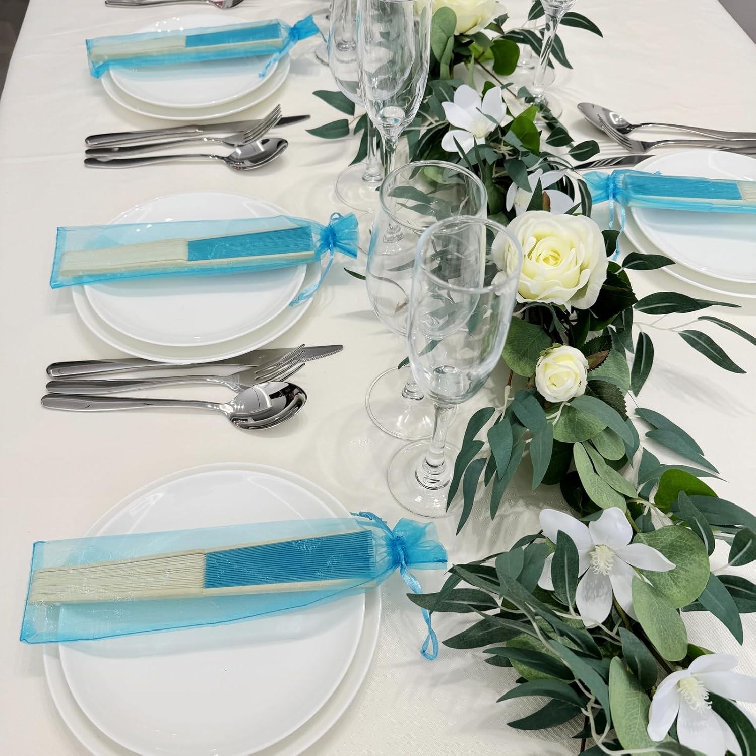 24 Abanicos Plegables de Seda Imitada SL Crafts Azul Aqua