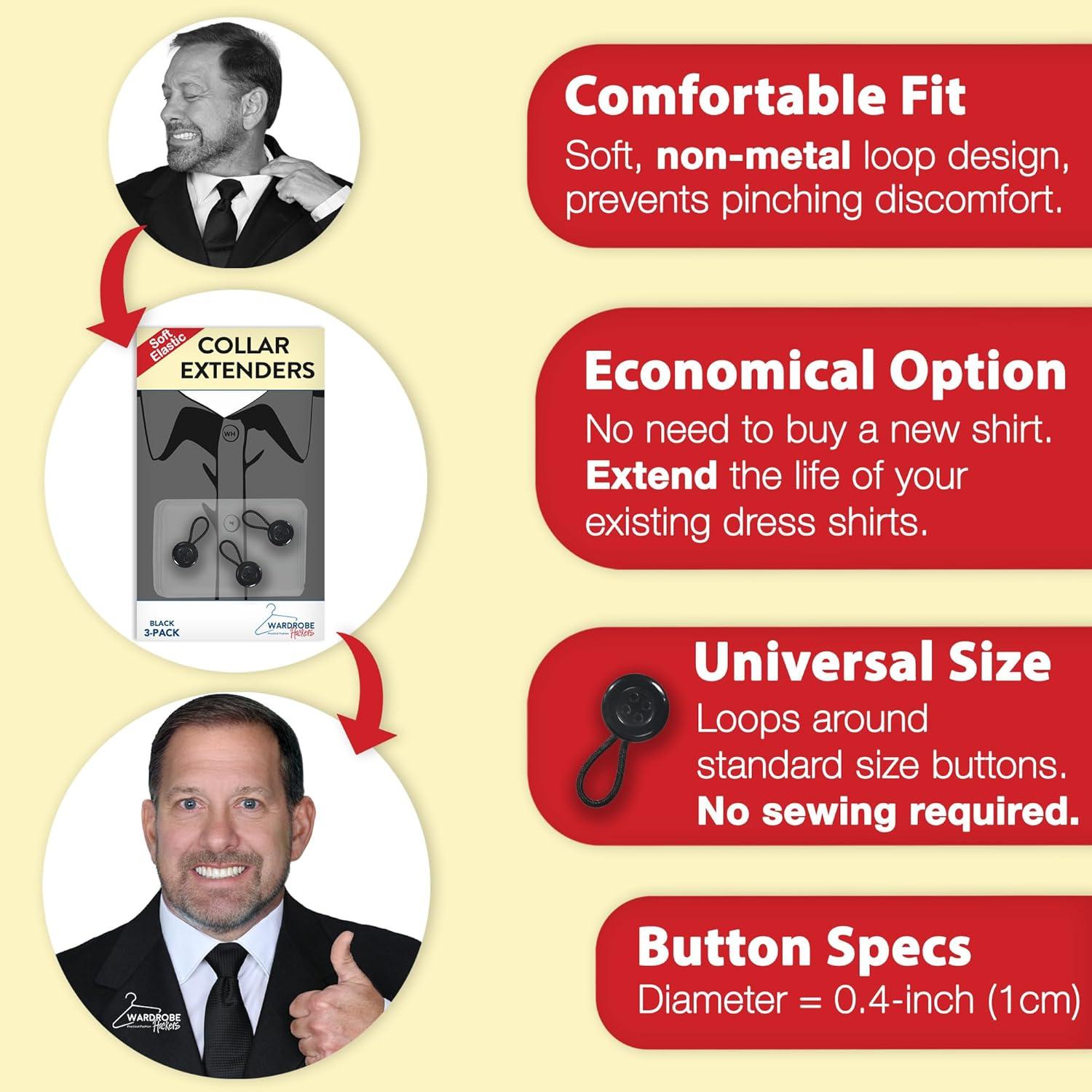 Extensores de Collar para Camisas de Hombre - 3 Piezas Negras