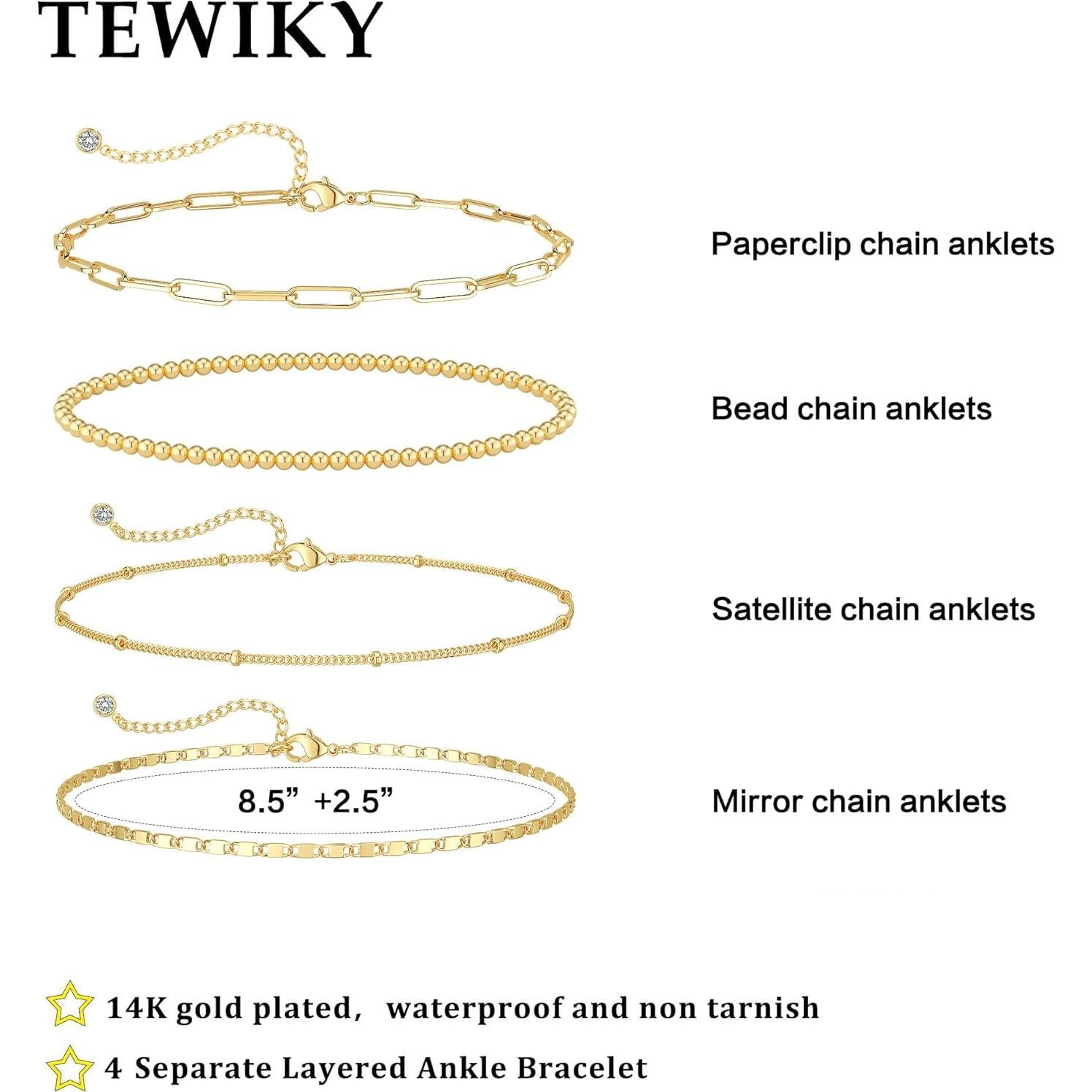 Pulseras de Tobillo Impermeables Tewiky 14K Oro Real 6PCS