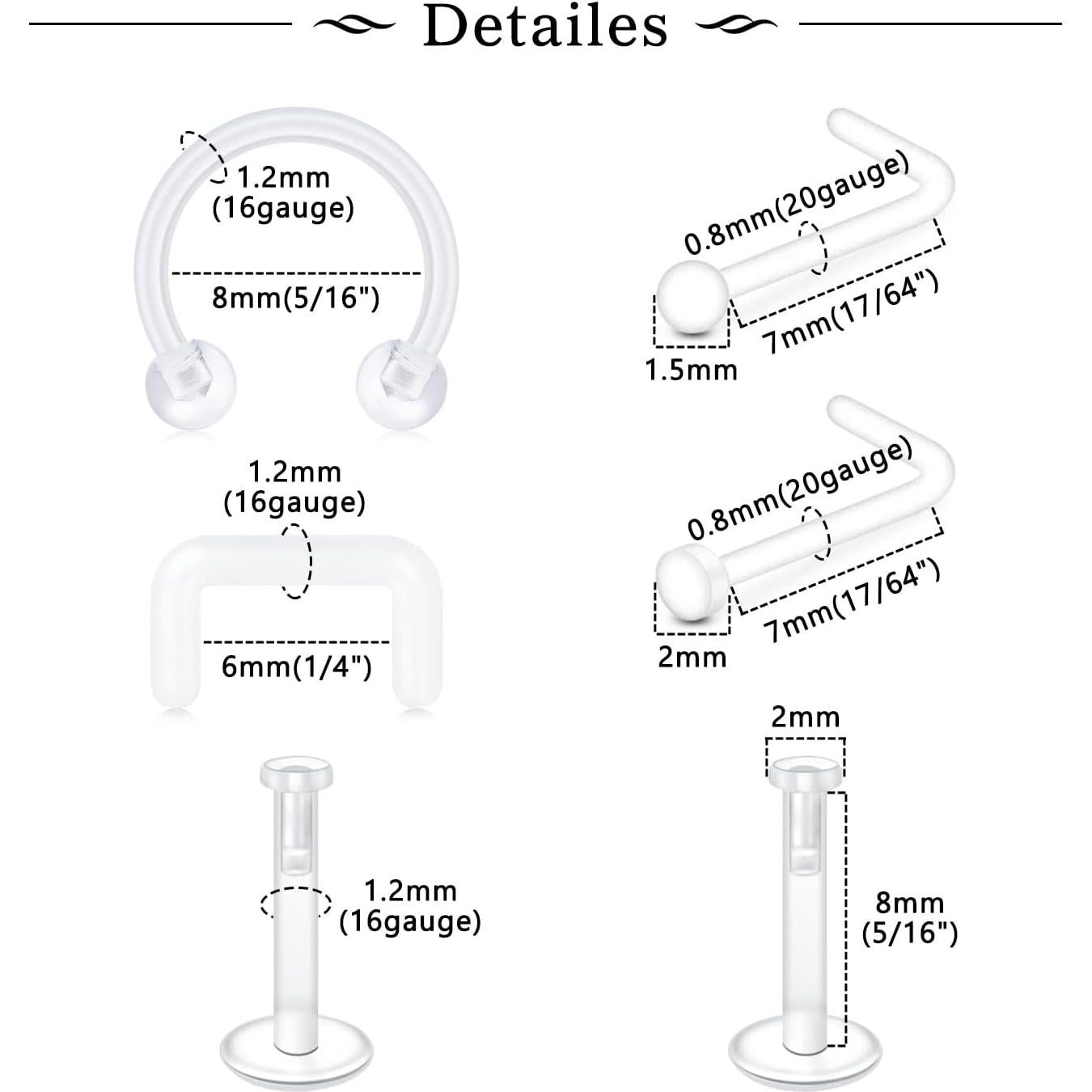 Anillos y Studs Transparentes MODRSA - Retenedores de Piercing 16g 18g 20g