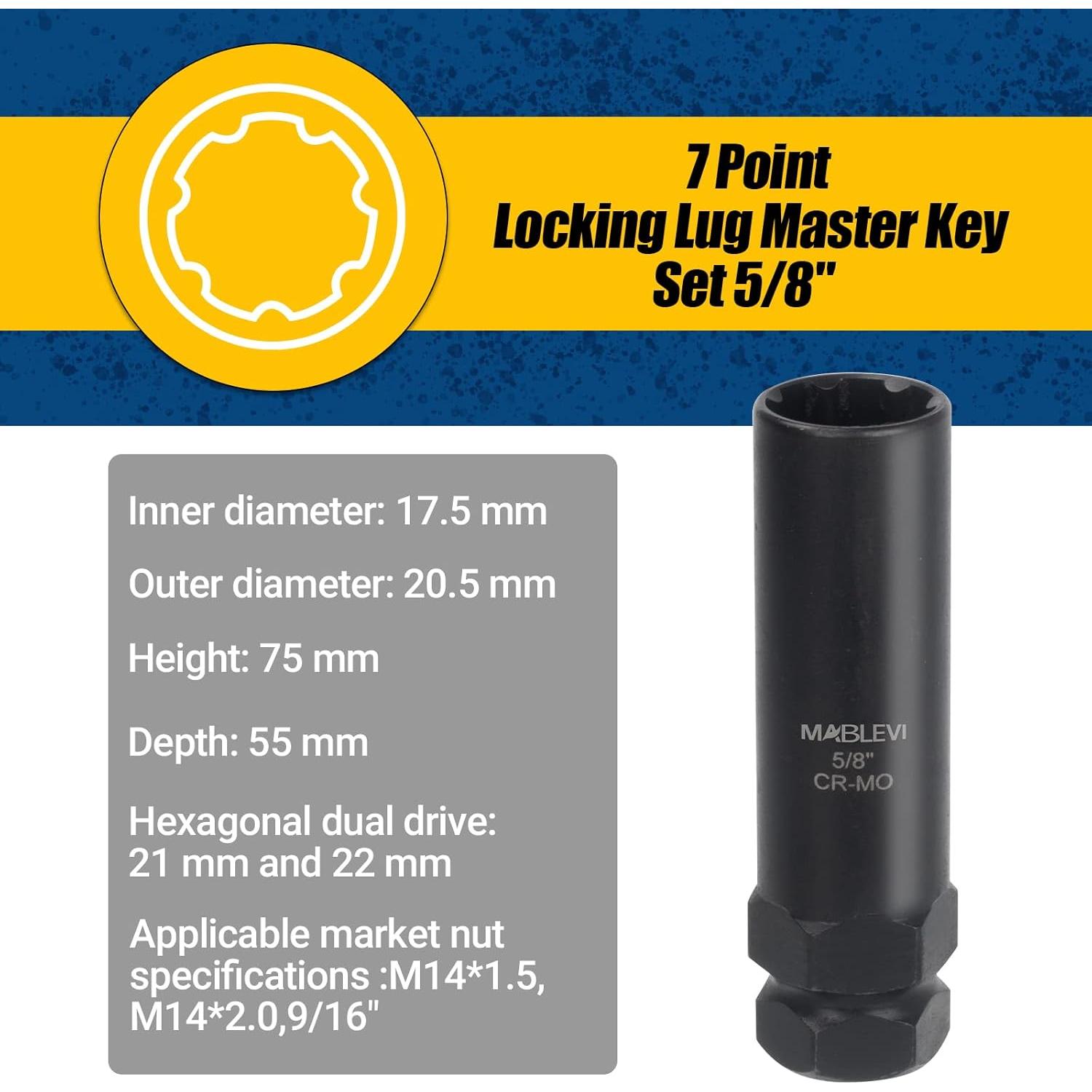 Kit de Llaves de Bloqueo de Ruedas MABLEVI 8 Piezas 20.6-22.2 mm