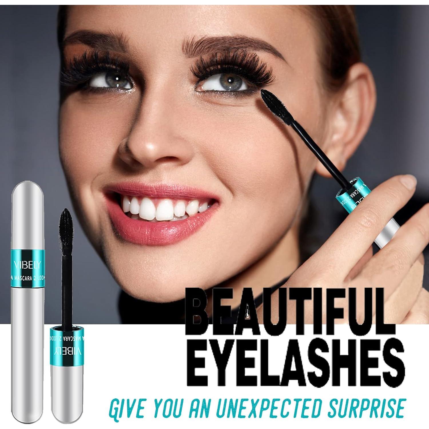 Máscara de Pestañas Vibely 4D Seda Fibra Impermeable 2 en 1