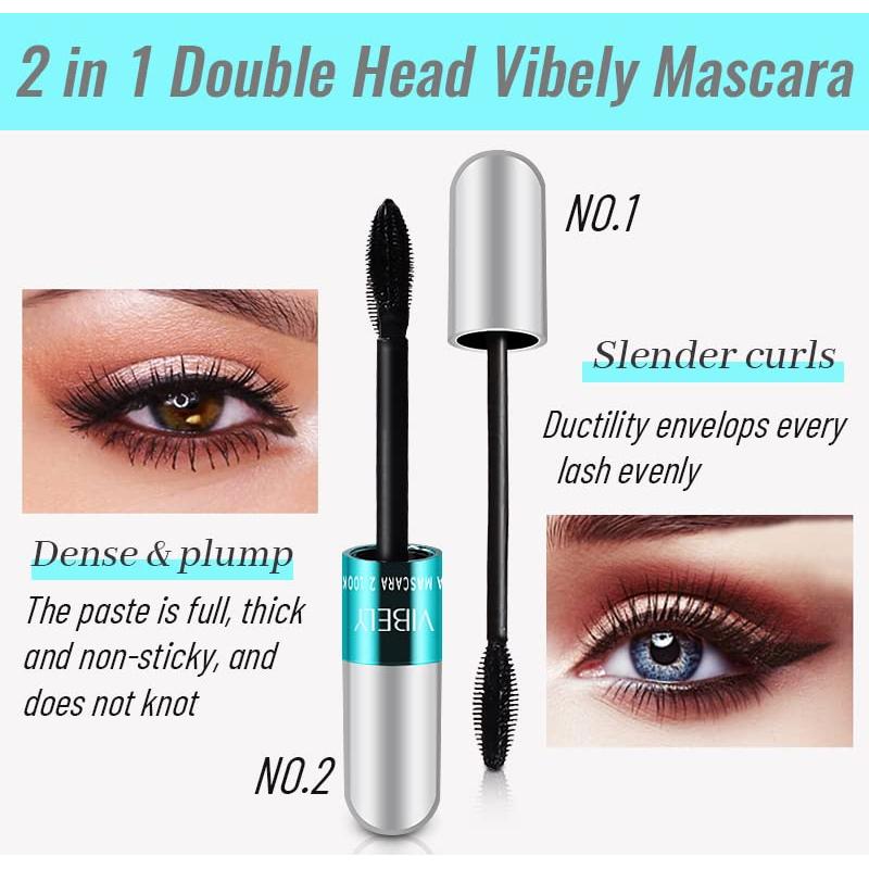 Máscara de Pestañas Vibely 4D Seda Fibra Impermeable 2 en 1