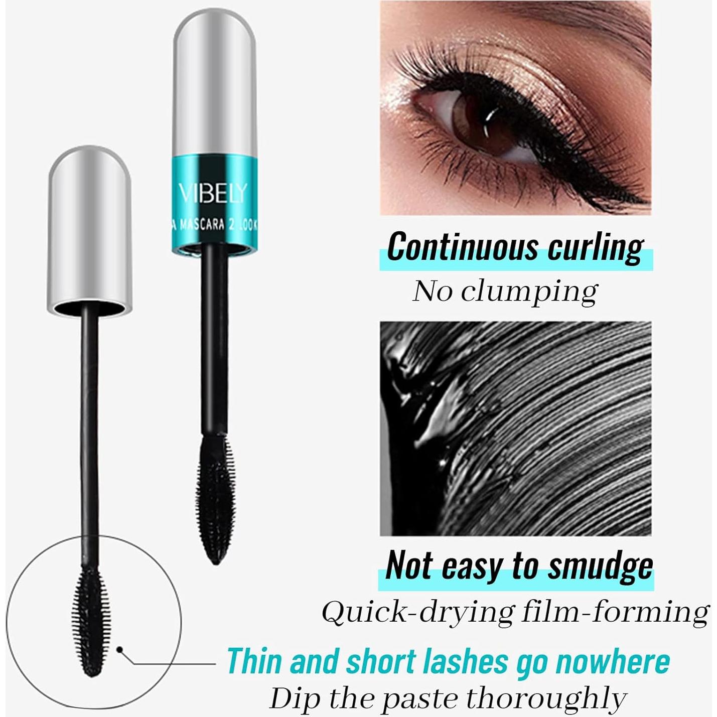 Máscara de Pestañas Vibely 4D Seda Fibra Impermeable 2 en 1