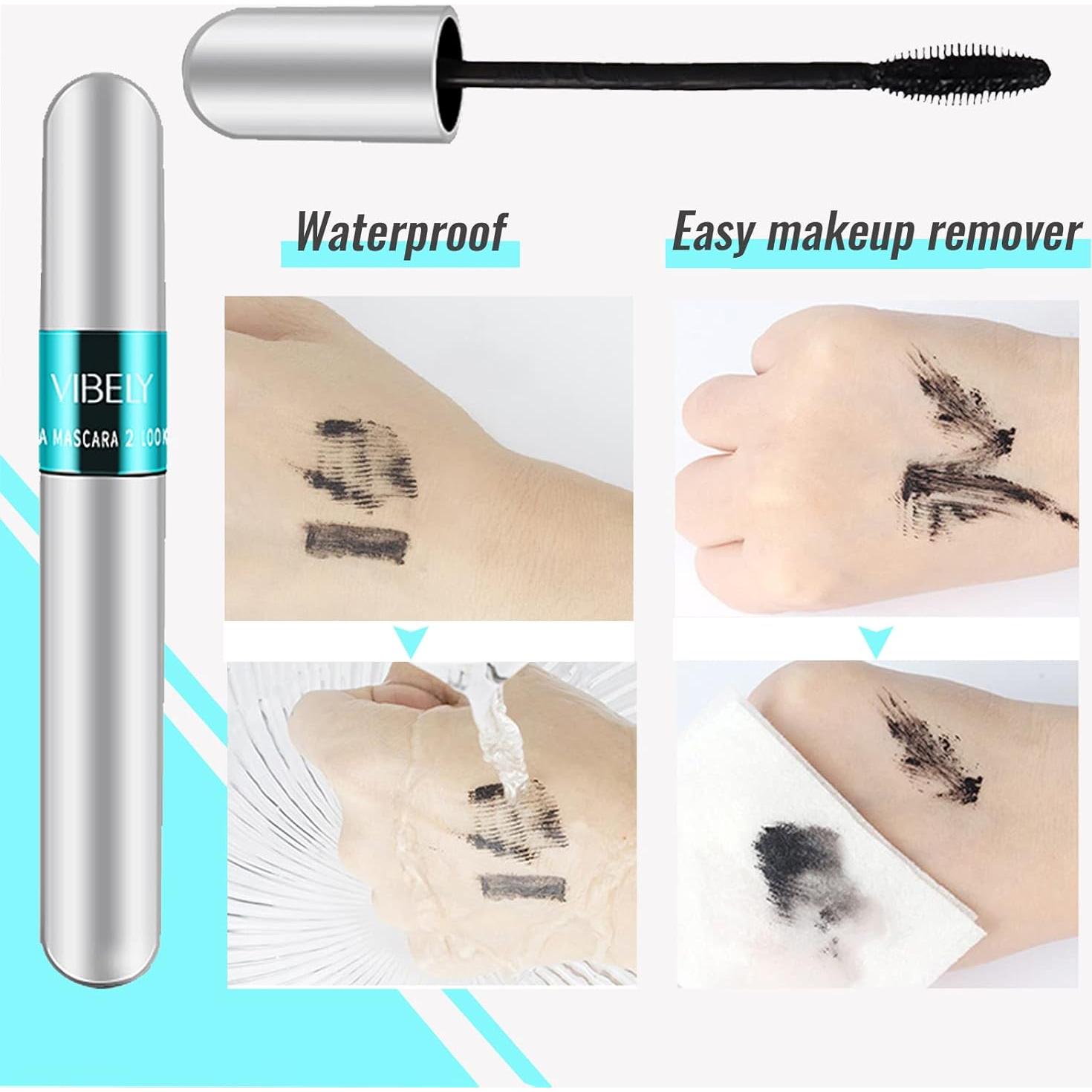 Máscara de Pestañas Vibely 4D Seda Fibra Impermeable 2 en 1