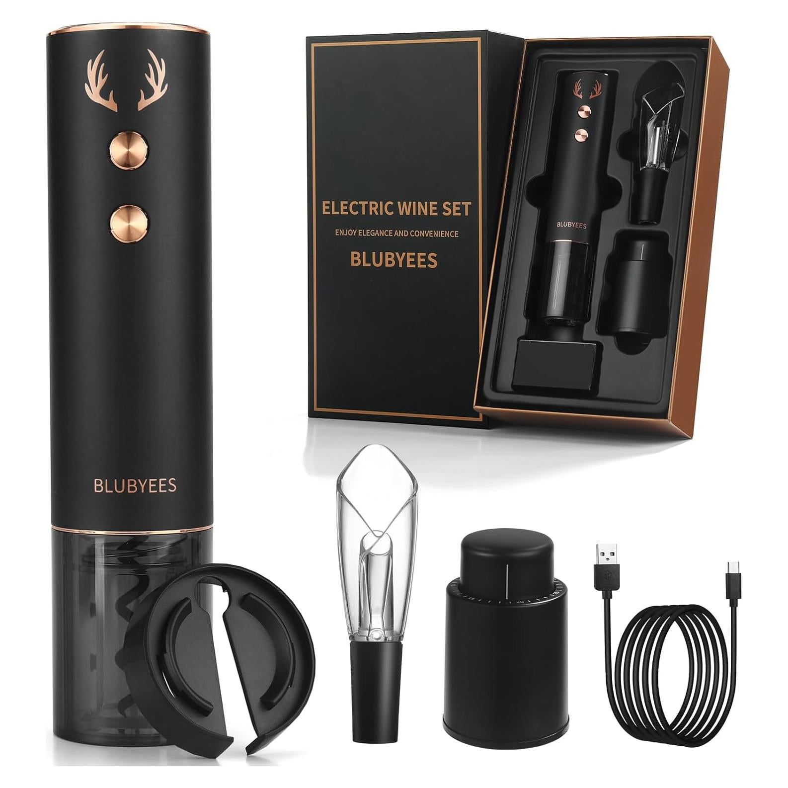 Abridor de Vino Eléctrico Recargable BLUBYEES 4-en-1 Negro/Dorado