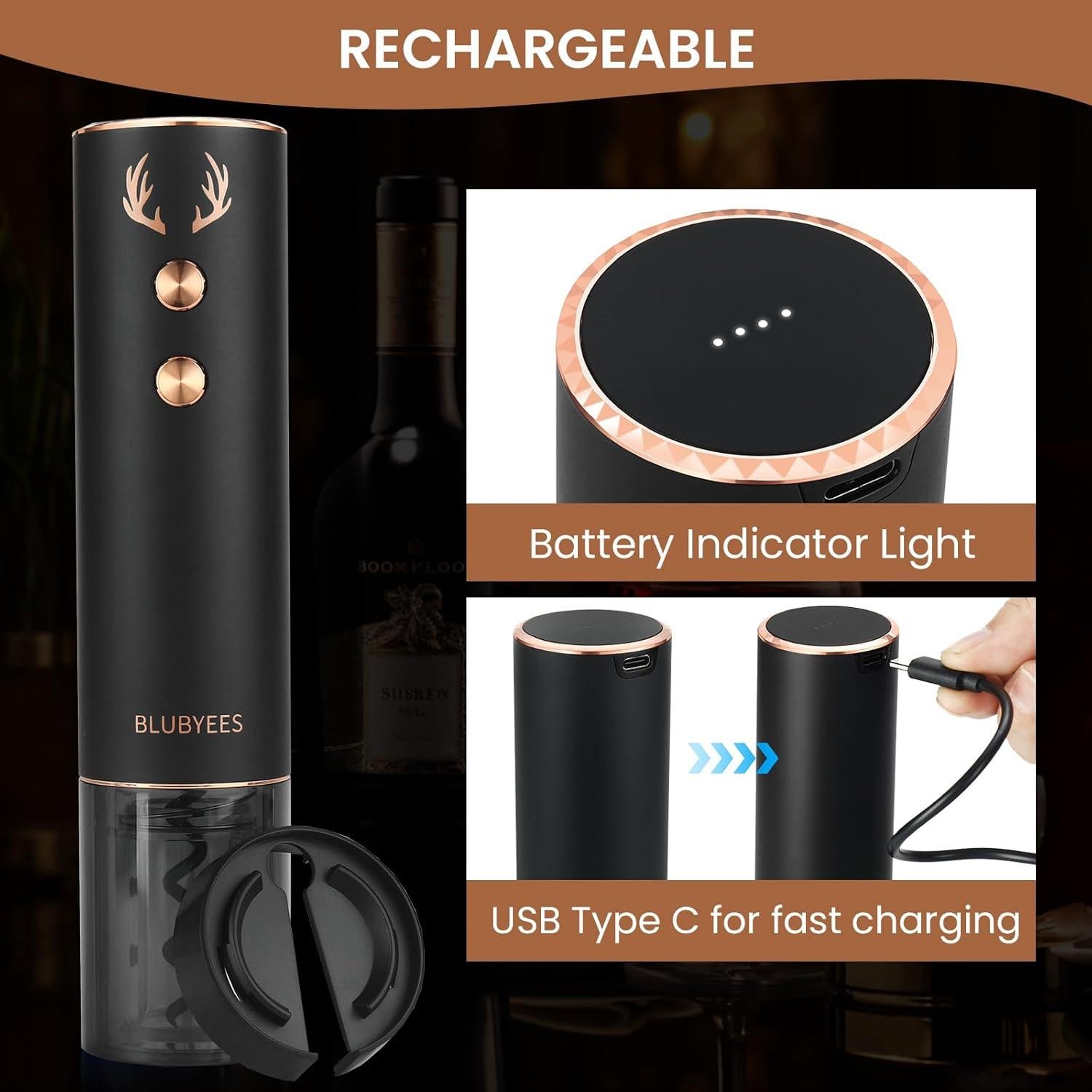 Abridor de Vino Eléctrico Recargable BLUBYEES 4-en-1 Negro/Dorado