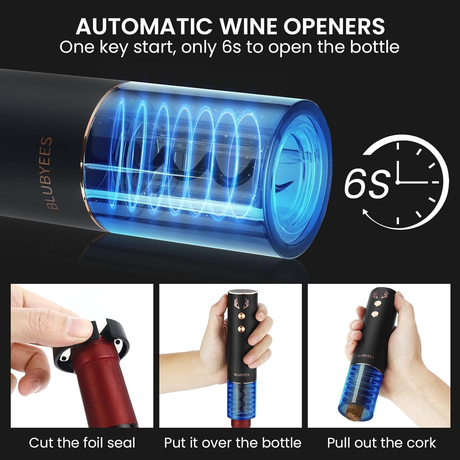 Abridor de Vino Eléctrico Recargable BLUBYEES 4-en-1 Negro/Dorado