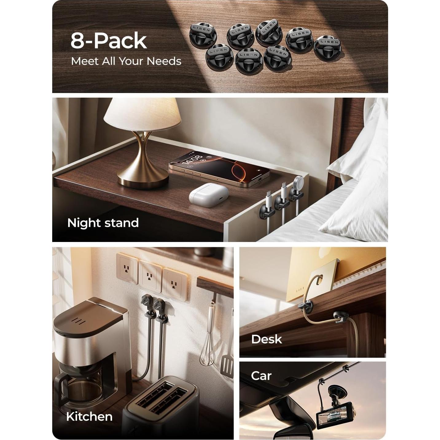 Clips Magnéticos para Cables LISEN - Paquete de 8, Adhesivo Fuerte