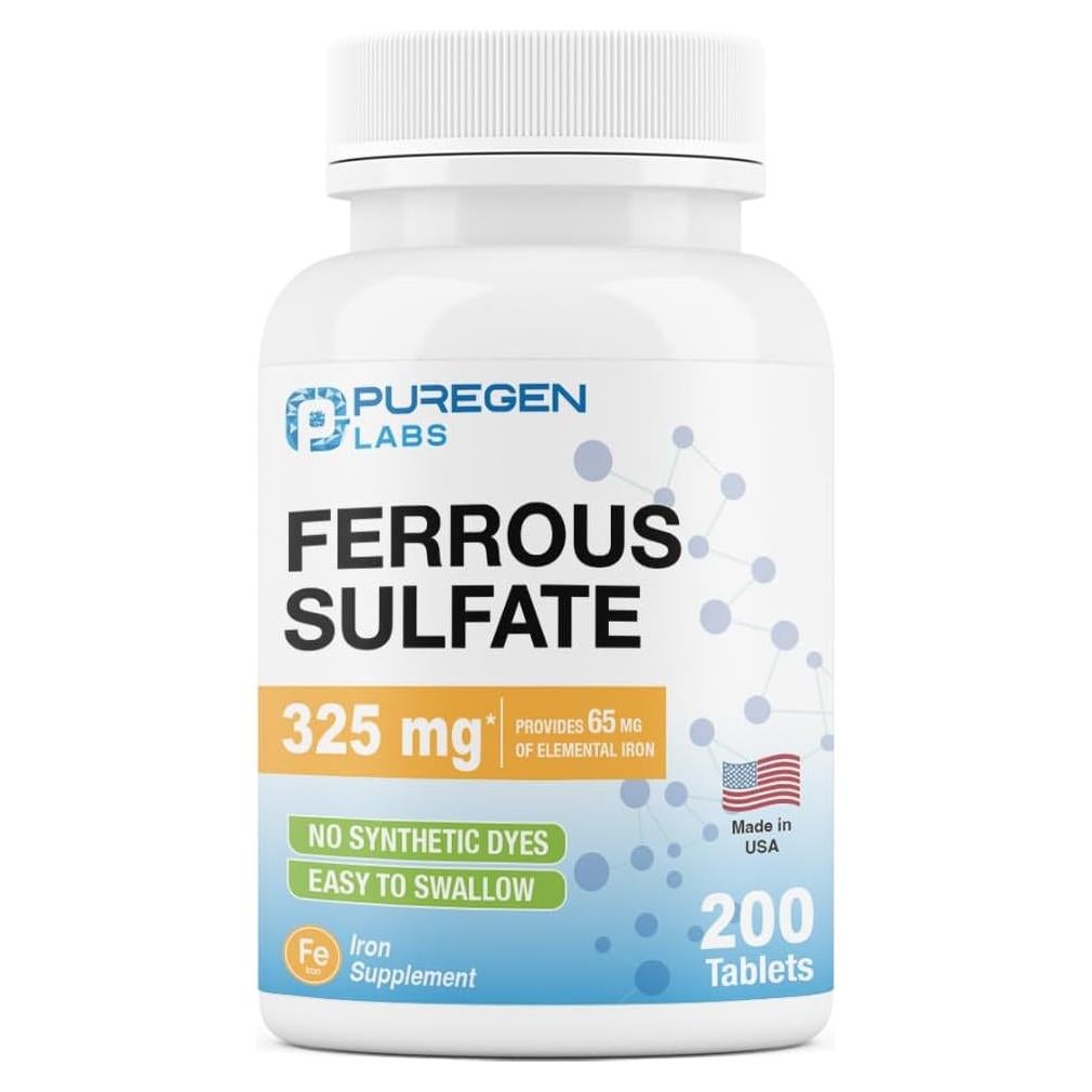 Suplemento de Hierro Sulfato Ferroso Puregen Labs 325 mg - 200 Tabletas