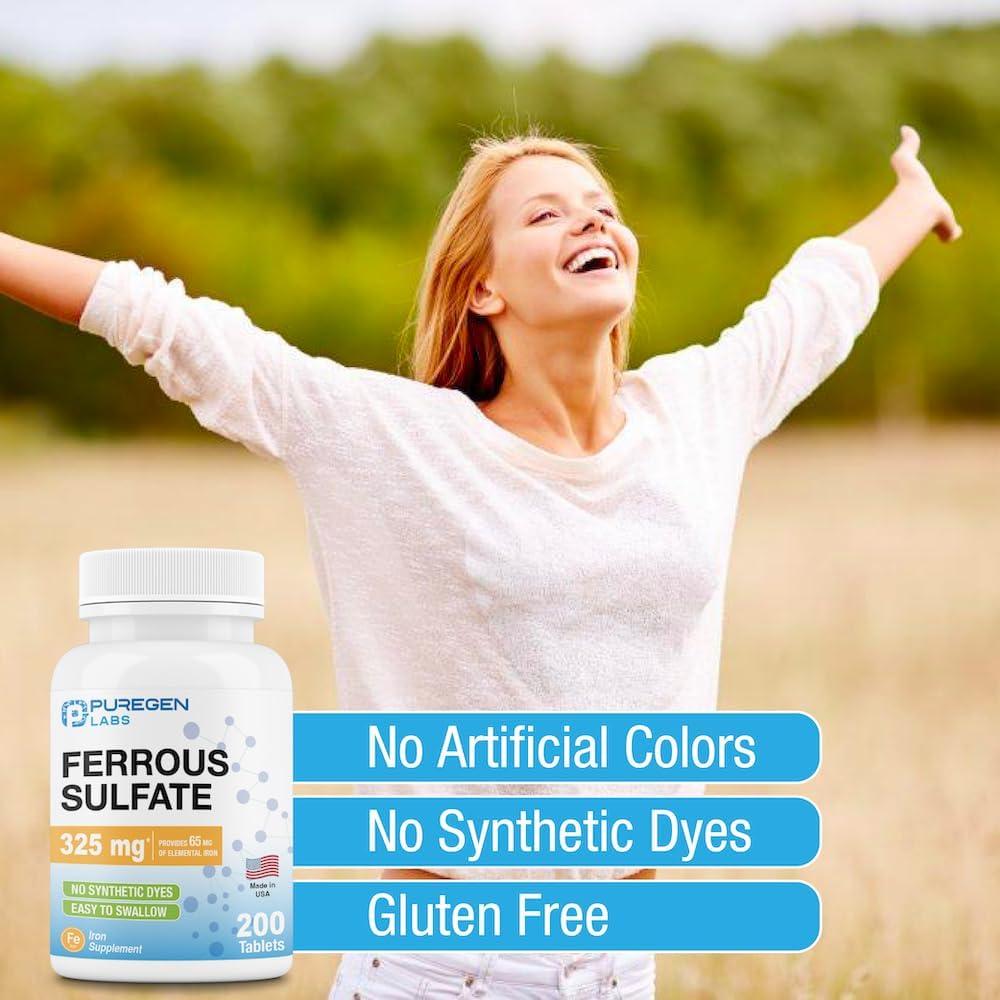 Suplemento de Hierro Sulfato Ferroso Puregen Labs 325 mg - 200 Tabletas