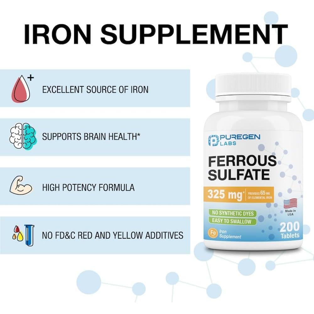 Suplemento de Hierro Sulfato Ferroso Puregen Labs 325 mg - 200 Tabletas