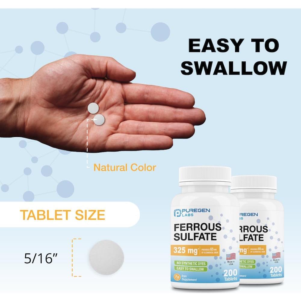 Suplemento de Hierro Sulfato Ferroso Puregen Labs 325 mg - 200 Tabletas