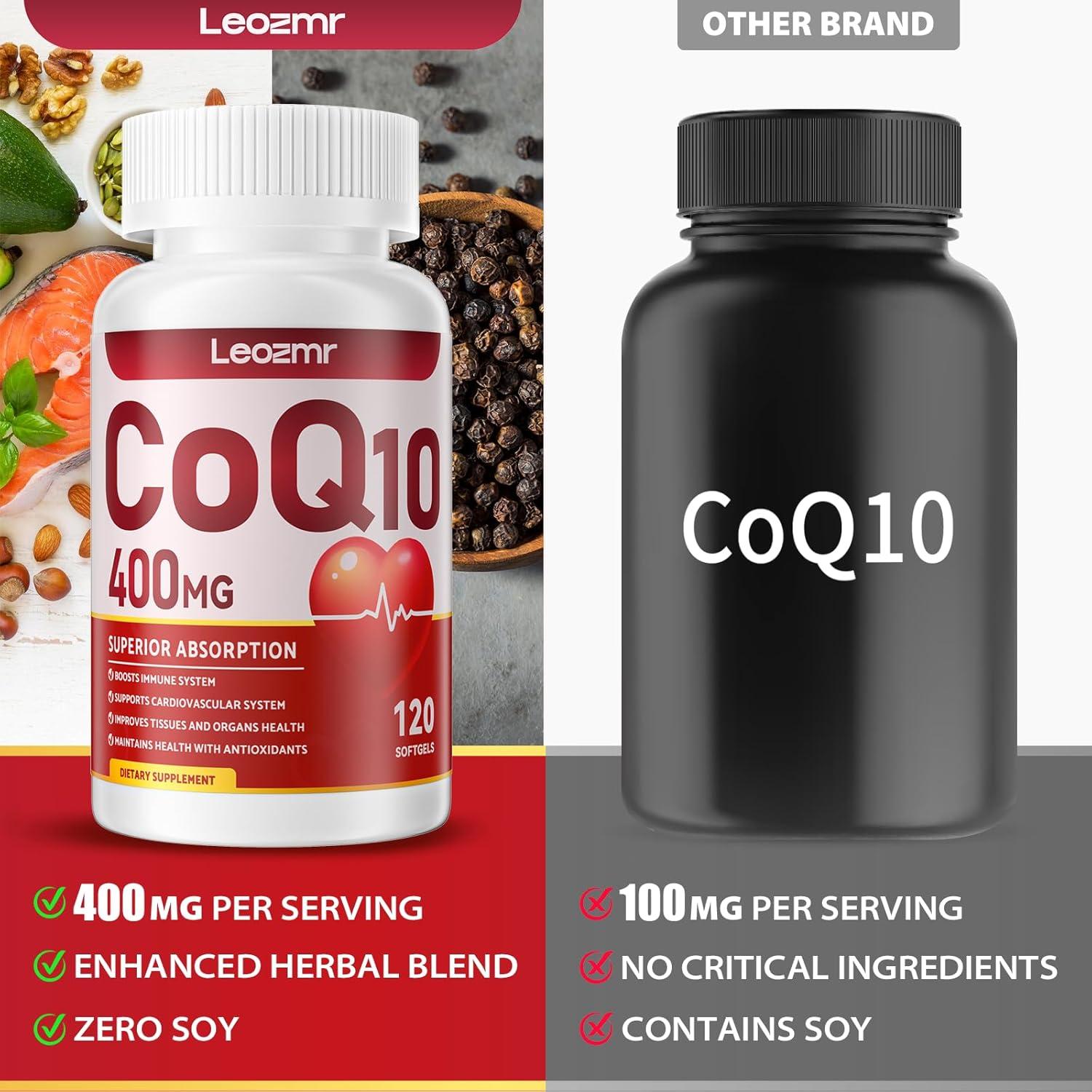 Suplemento CoQ10 400mg Leozmr con PQQ y Omega-3 120 Cápsulas