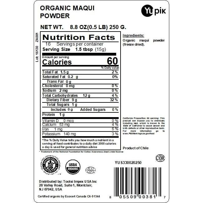 Polvo Orgánico de Maqui Yupik 250 g - Vegano, Sin Gluten