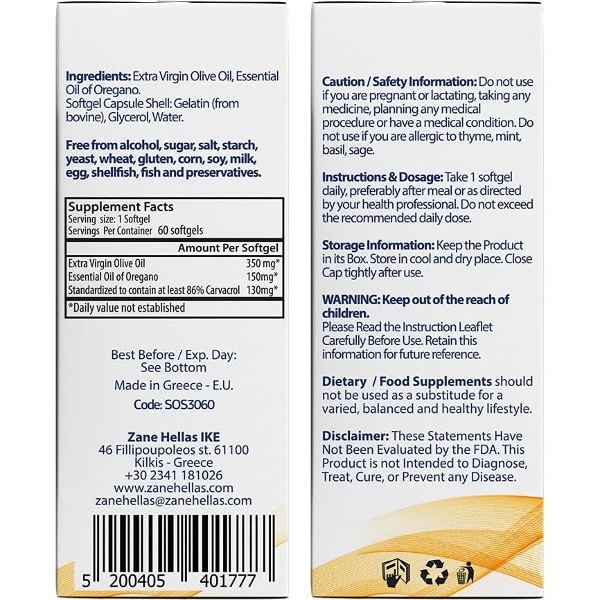 Softgels de Aceite de Orégano Zane Hellas 60 Unidades 130 mg Carvacrol