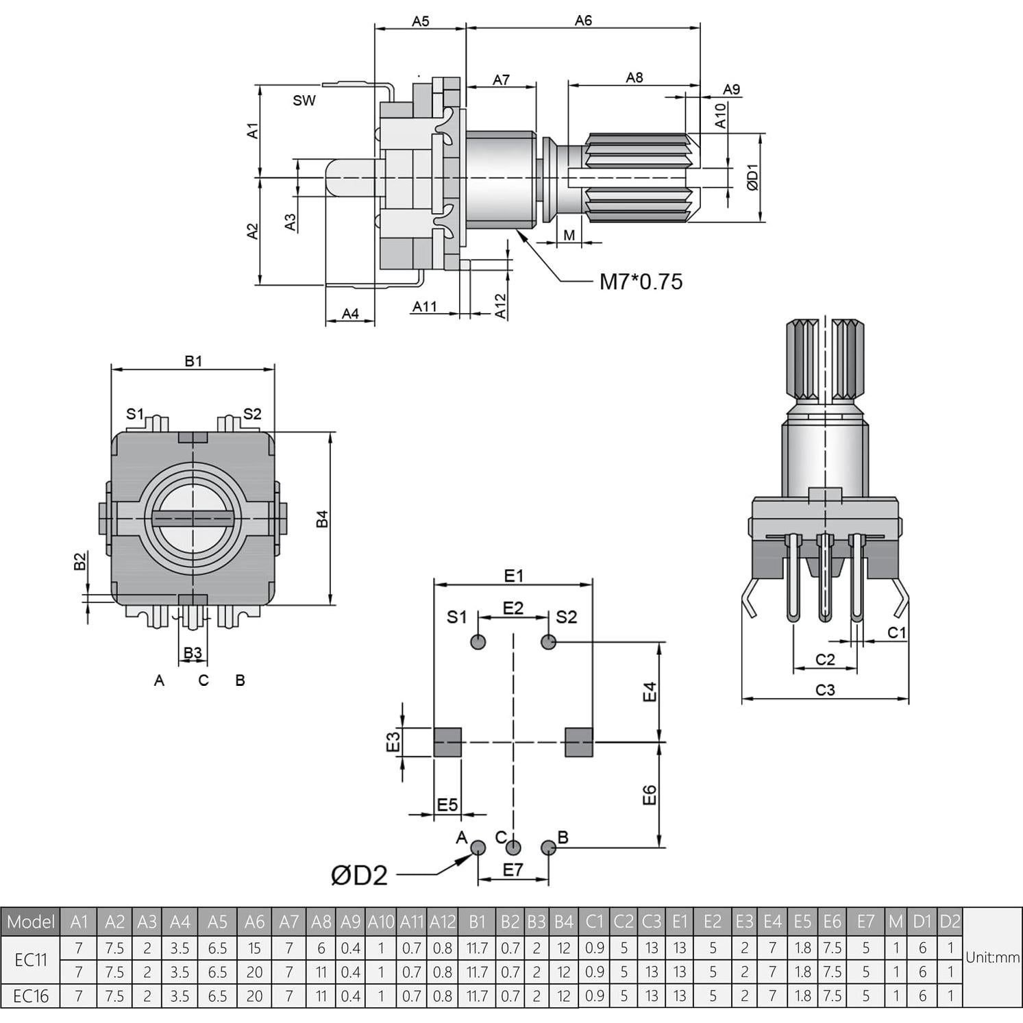 Codificador Rotativo Fielect EC11 5 Pines Eje 20mm 5Pcs