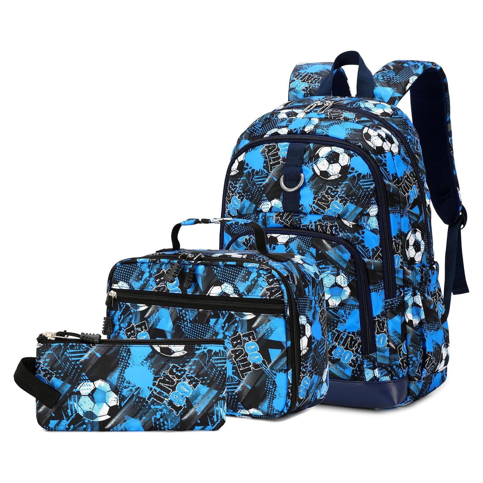 Conjunto Mochila Escolar Niños Fútbol Azul con Lonchera