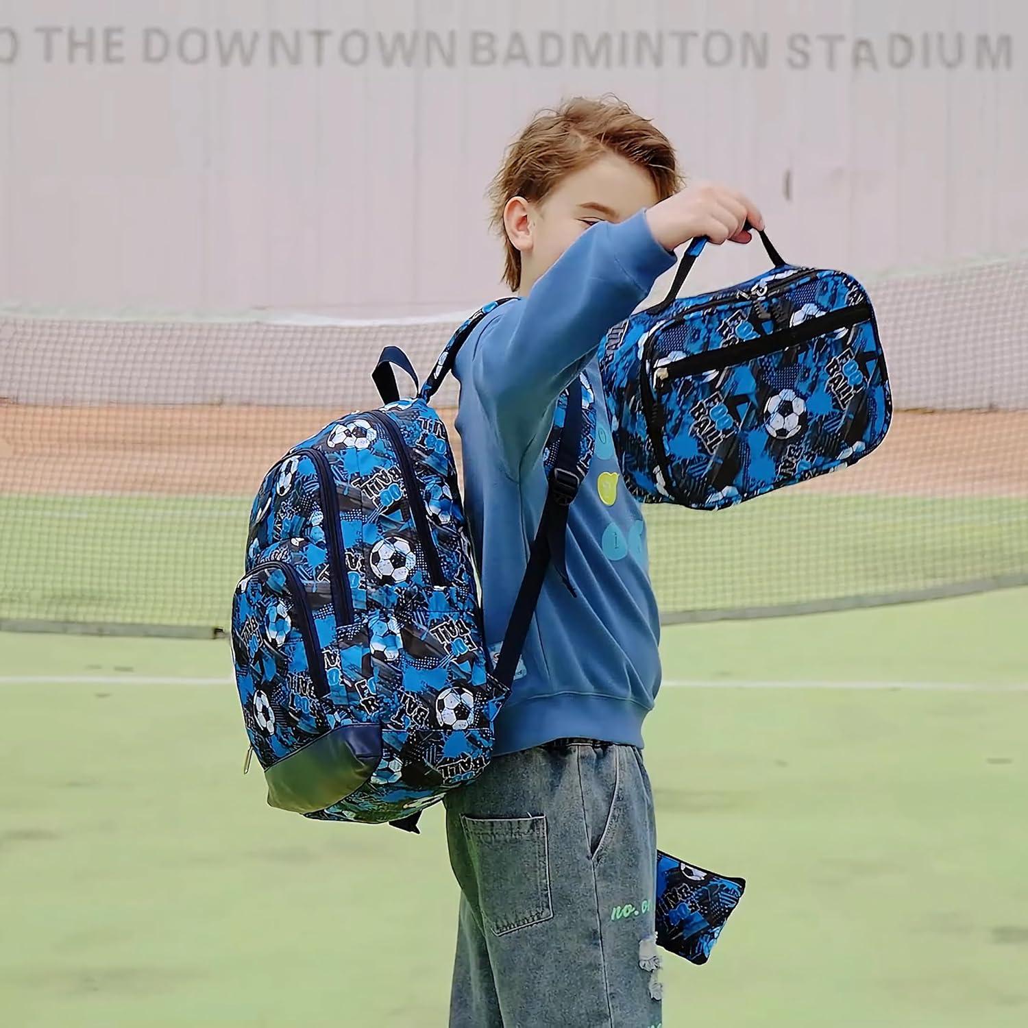 Conjunto Mochila Escolar Niños Fútbol Azul con Lonchera