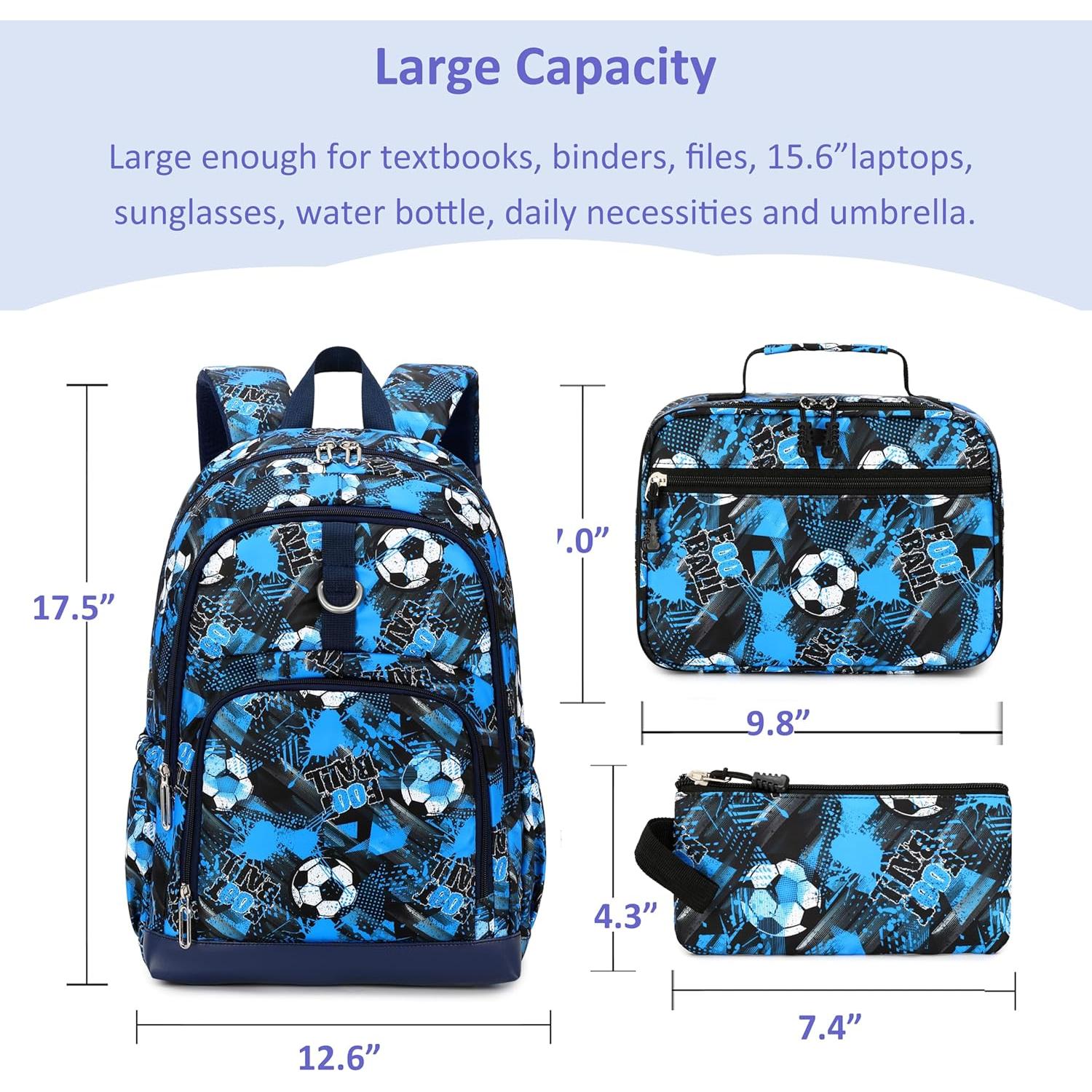 Conjunto Mochila Escolar Niños Fútbol Azul con Lonchera