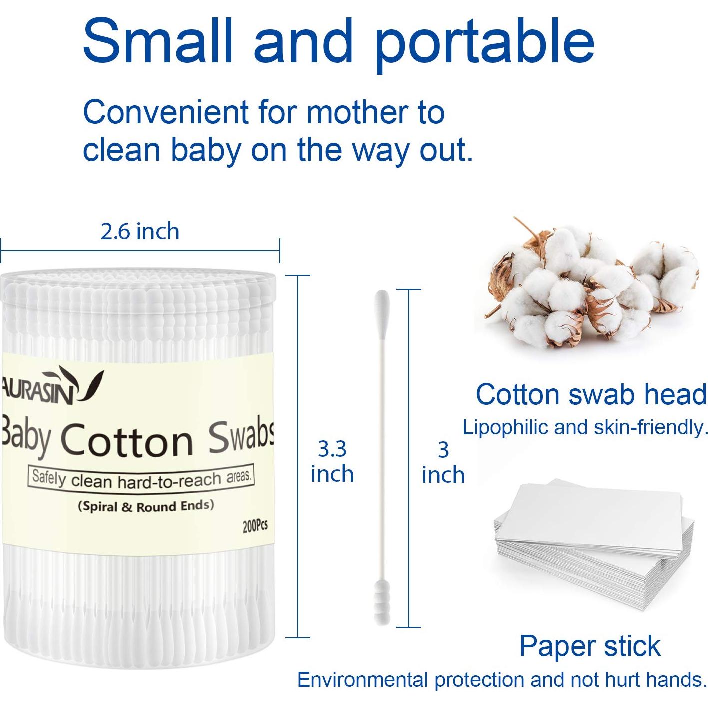 Hisopos de Algodón para Bebés Aurasin 200 Pcs Espiral y Redondos