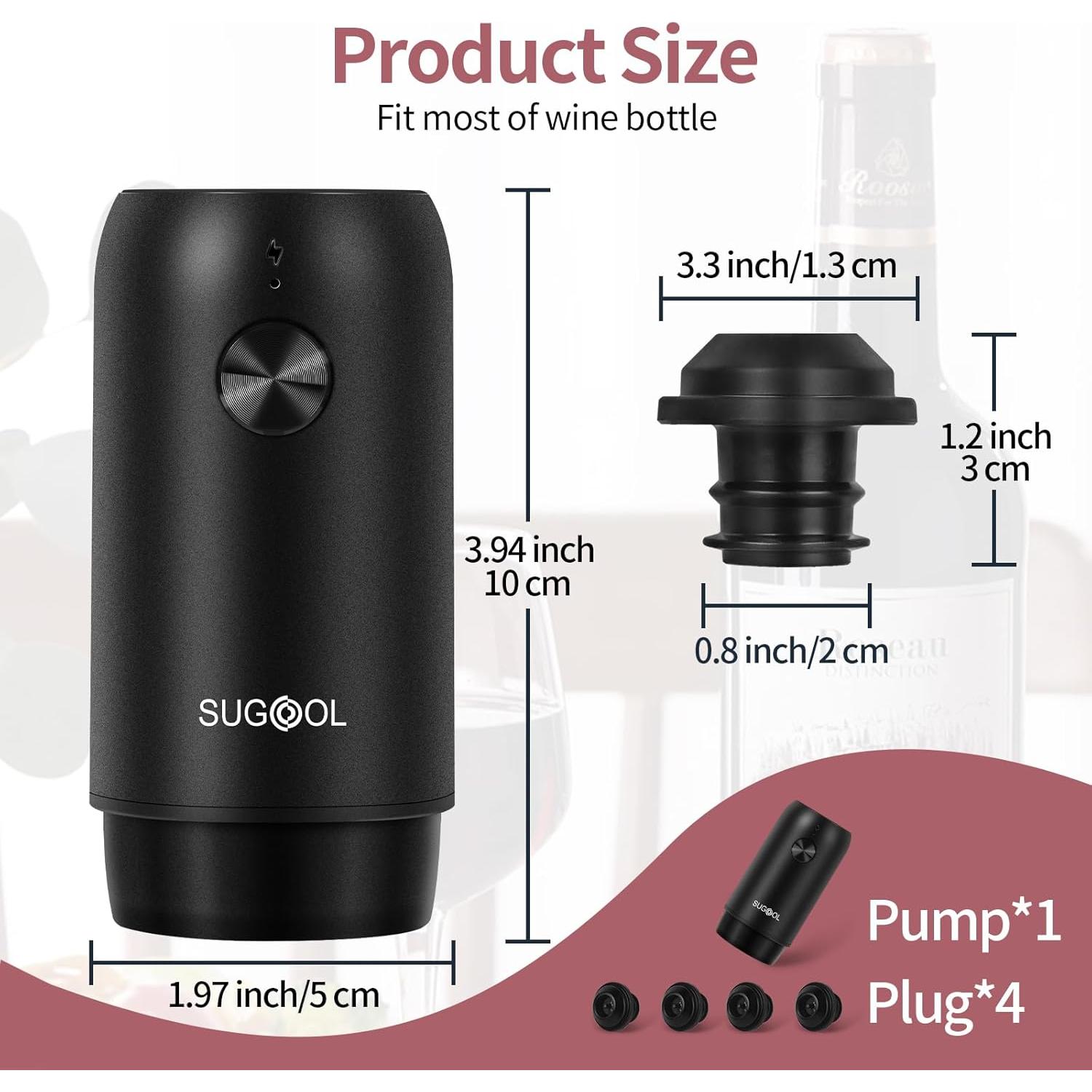 Bomba Eléctrica para Vino SUGOOL con 4 Tapones Reutilizables