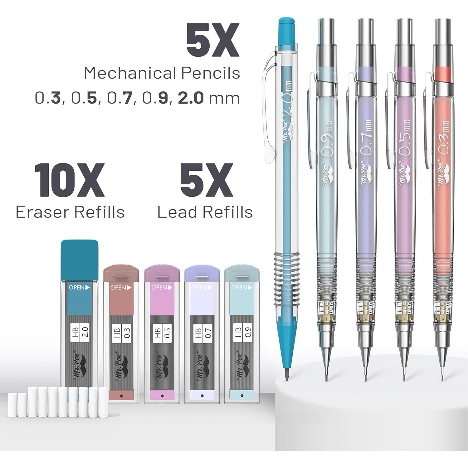 Juego de Lápices Mecánicos Mr. Pen 5 Tamaños 0.3 a 2mm